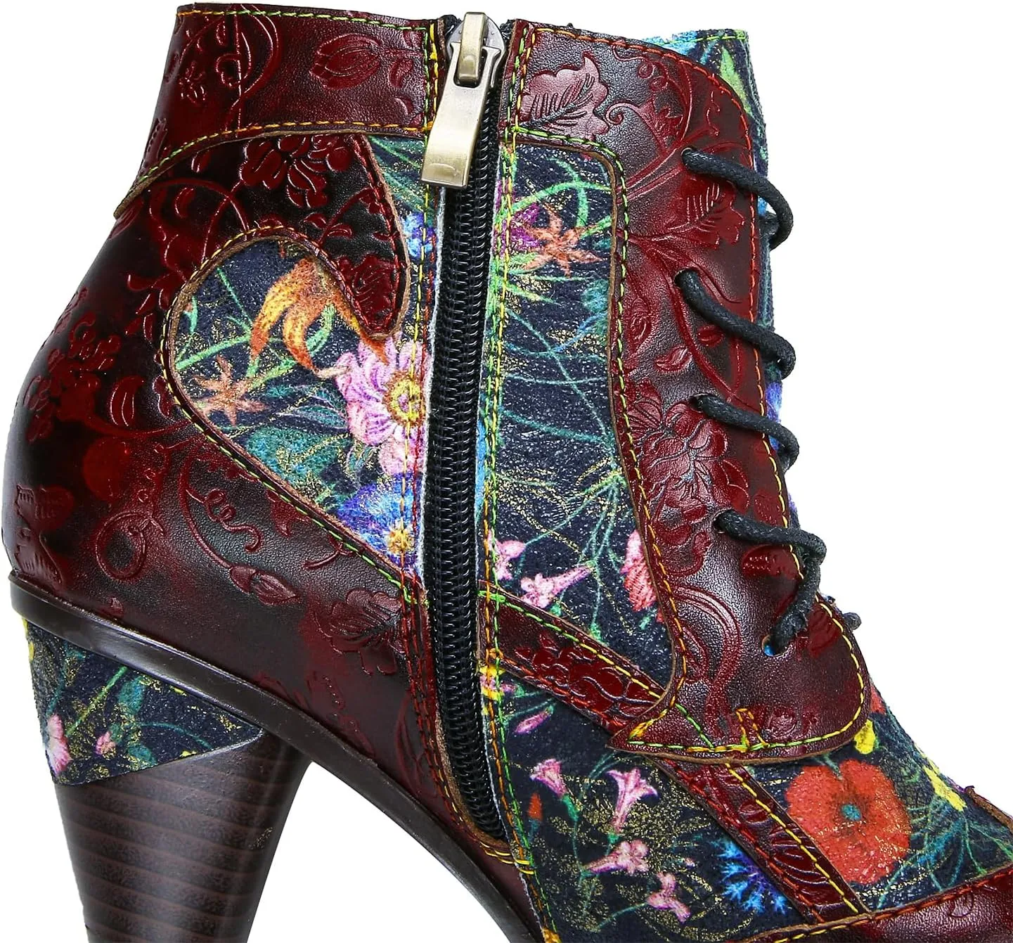 Superladystar's Retro Handmade Leather Women's Ankle Boots, Medium Heel, Colorful Painting, Metallic Style - Fashion, Comfortable, Durable, Unique Minority Style