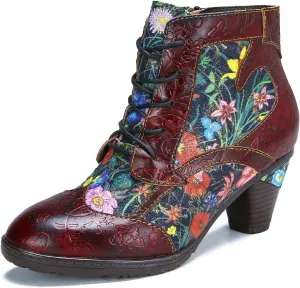 Superladystar's Retro Handmade Leather Women's Ankle Boots, Medium Heel, Colorful Painting, Metallic Style - Fashion, Comfortable, Durable, Unique Minority Style