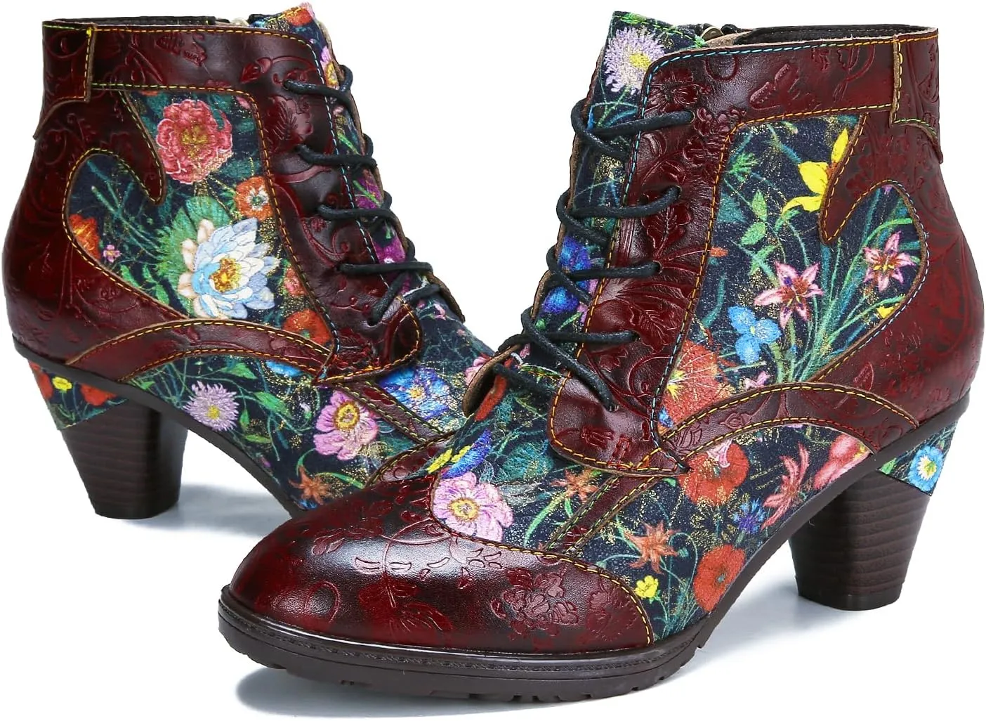 Superladystar's Retro Handmade Leather Women's Ankle Boots, Medium Heel, Colorful Painting, Metallic Style - Fashion, Comfortable, Durable, Unique Minority Style