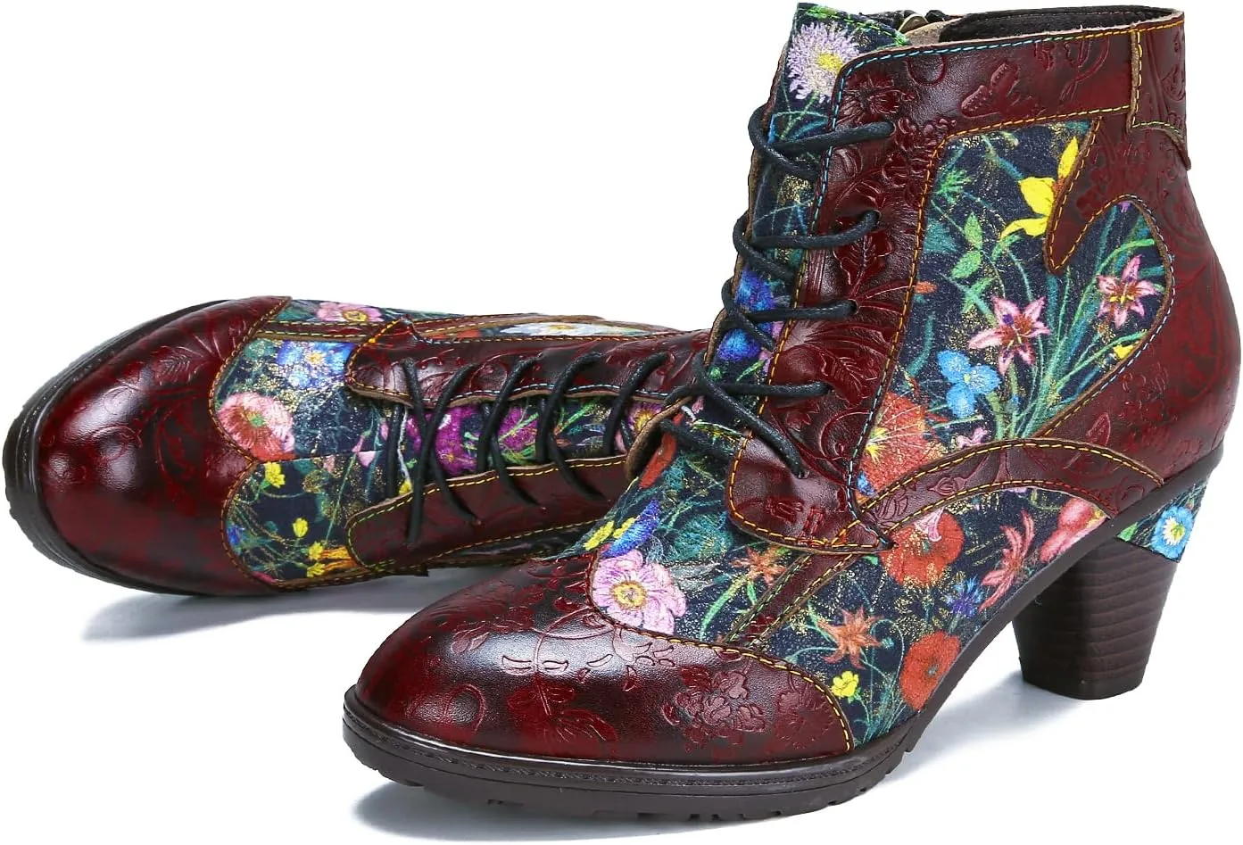 Superladystar's Retro Handmade Leather Women's Ankle Boots, Medium Heel, Colorful Painting, Metallic Style - Fashion, Comfortable, Durable, Unique Minority Style