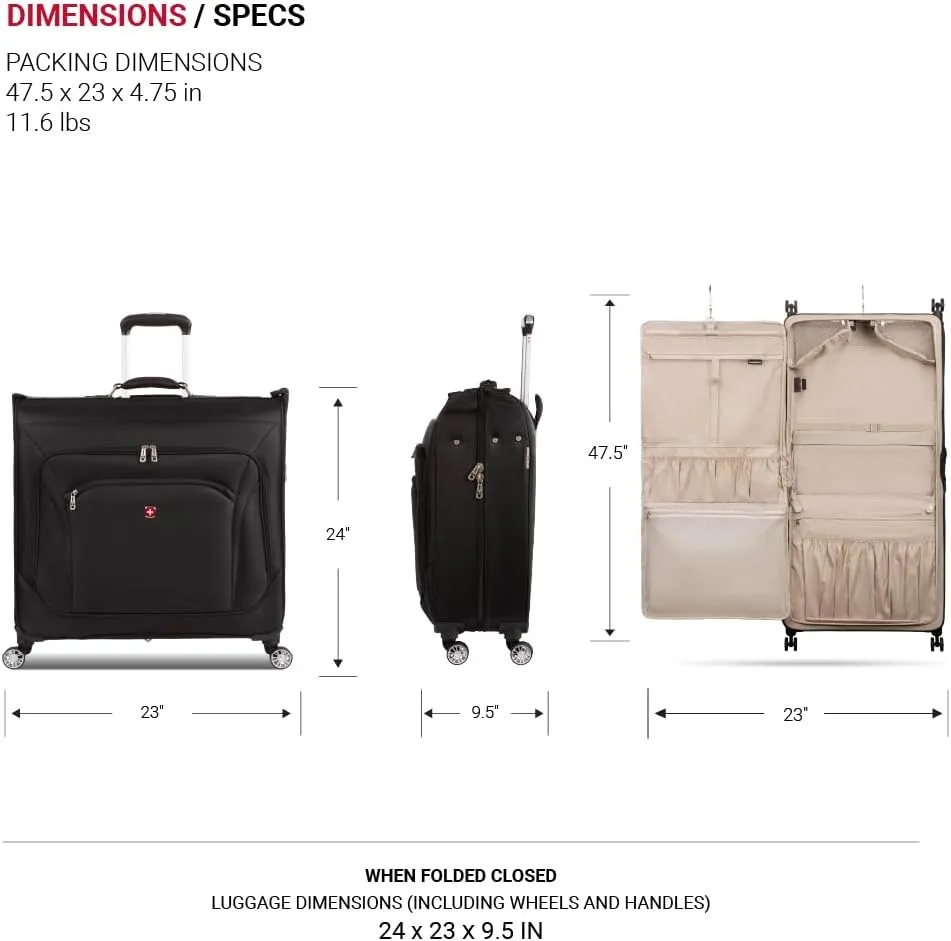 SwissGear 7895 Premium Rolling Garment Bag, Black, 24" Spinner Edition