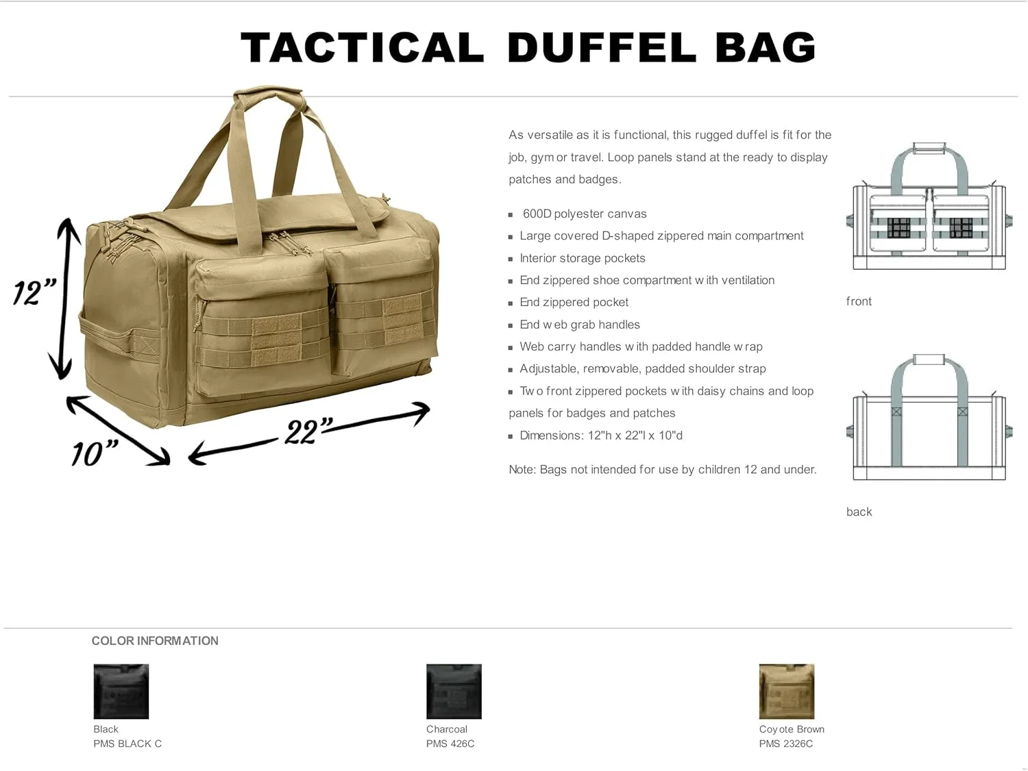 Tactical Gear bag Heavy Duty Duffel Gym bag/Tactical Backpack Custom Embroidered with your own text (Charcoal - Duffel Bag)