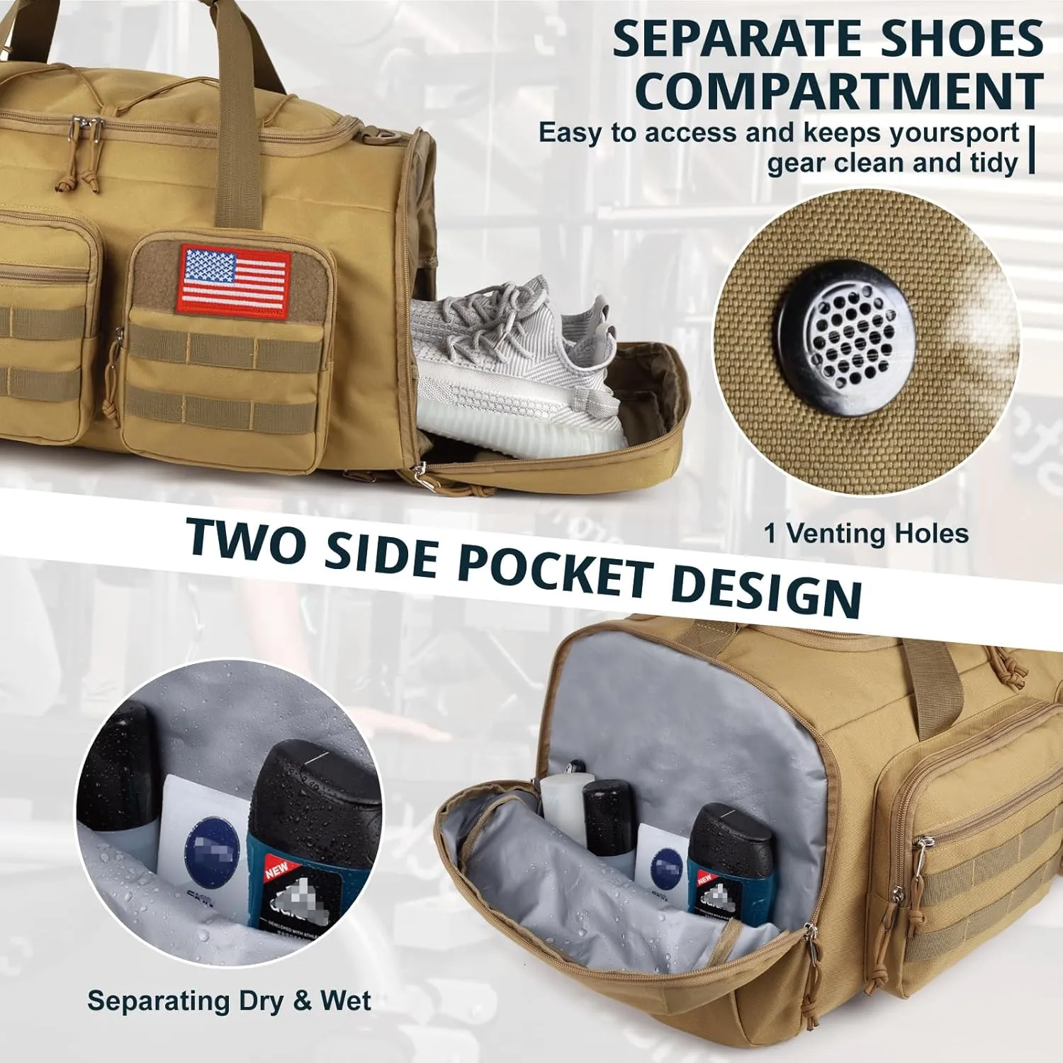 Tactical Gym Bag for Men，50L Large 3 in 1 Sports Duffle Bag with Shoes Compartment for Travel,Water Resistant Travel Backpack Weekender Overnight Bag with Wet Pocket for Women