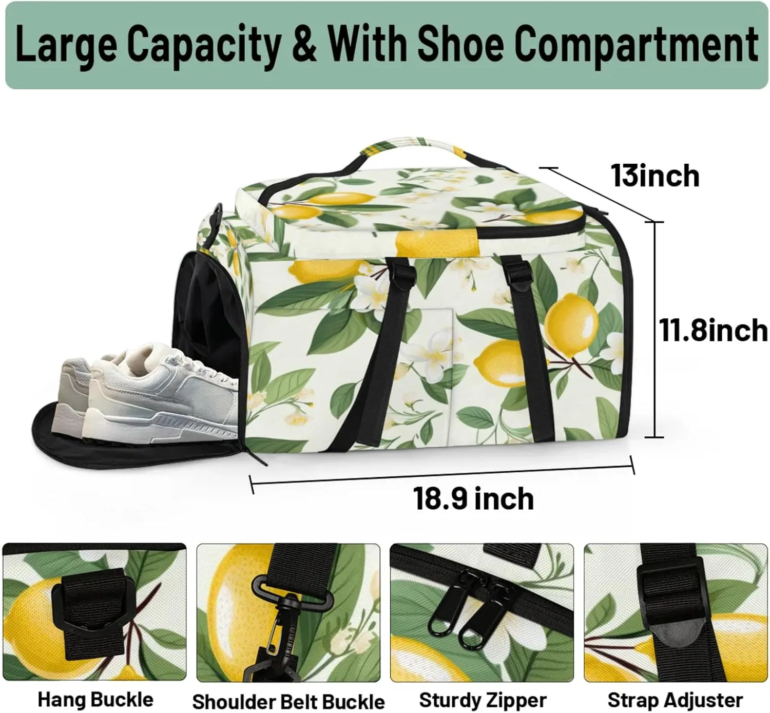 Tactical Sports Duffle Bag for Travel Waterproof Gym Bag with Shoe Compartment 48L Carry On Luggage for Men & Women 3-in-1 Durable Travel Luggage Flowering Lemon