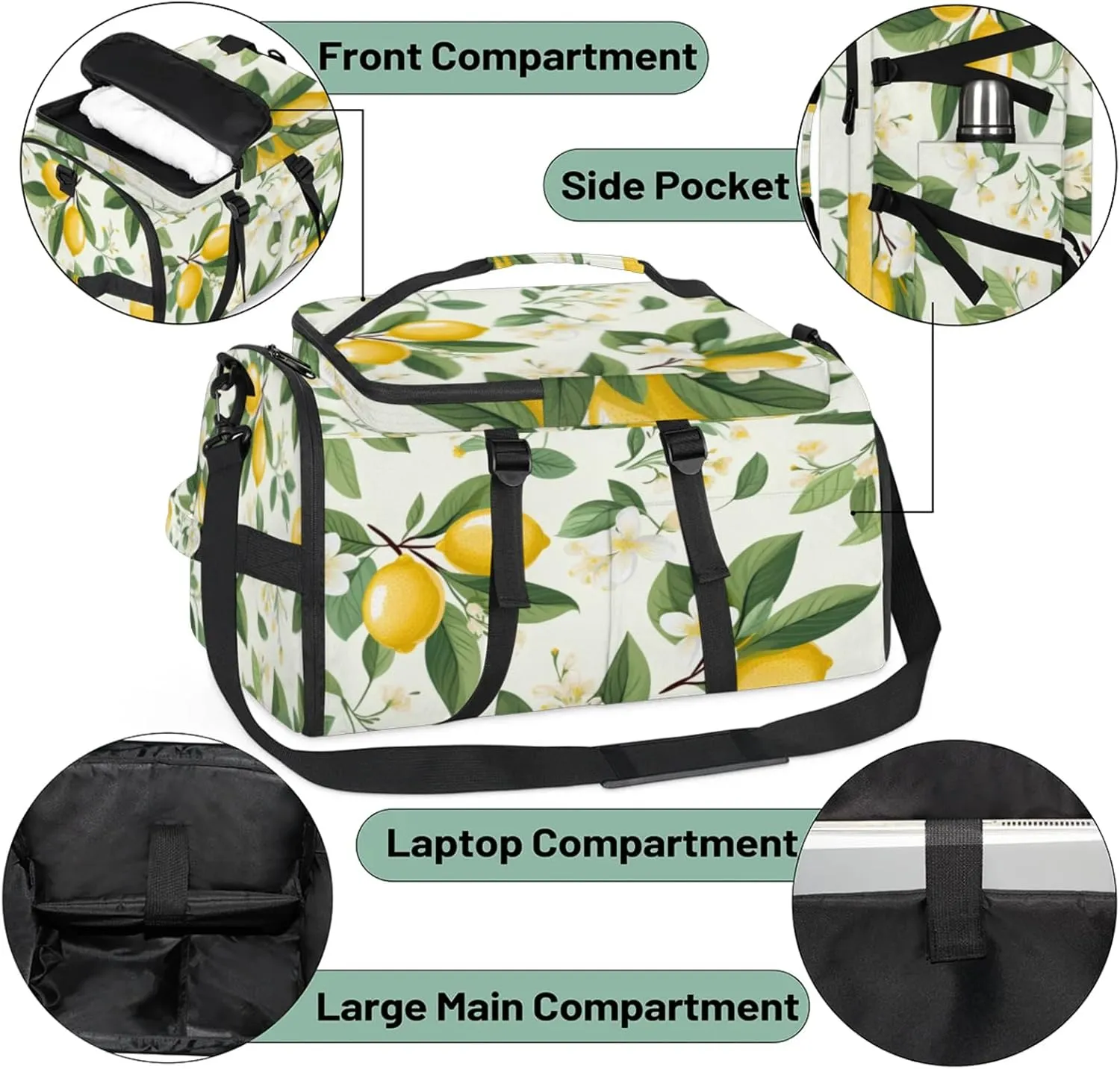 Tactical Sports Duffle Bag for Travel Waterproof Gym Bag with Shoe Compartment 48L Carry On Luggage for Men & Women 3-in-1 Durable Travel Luggage Flowering Lemon