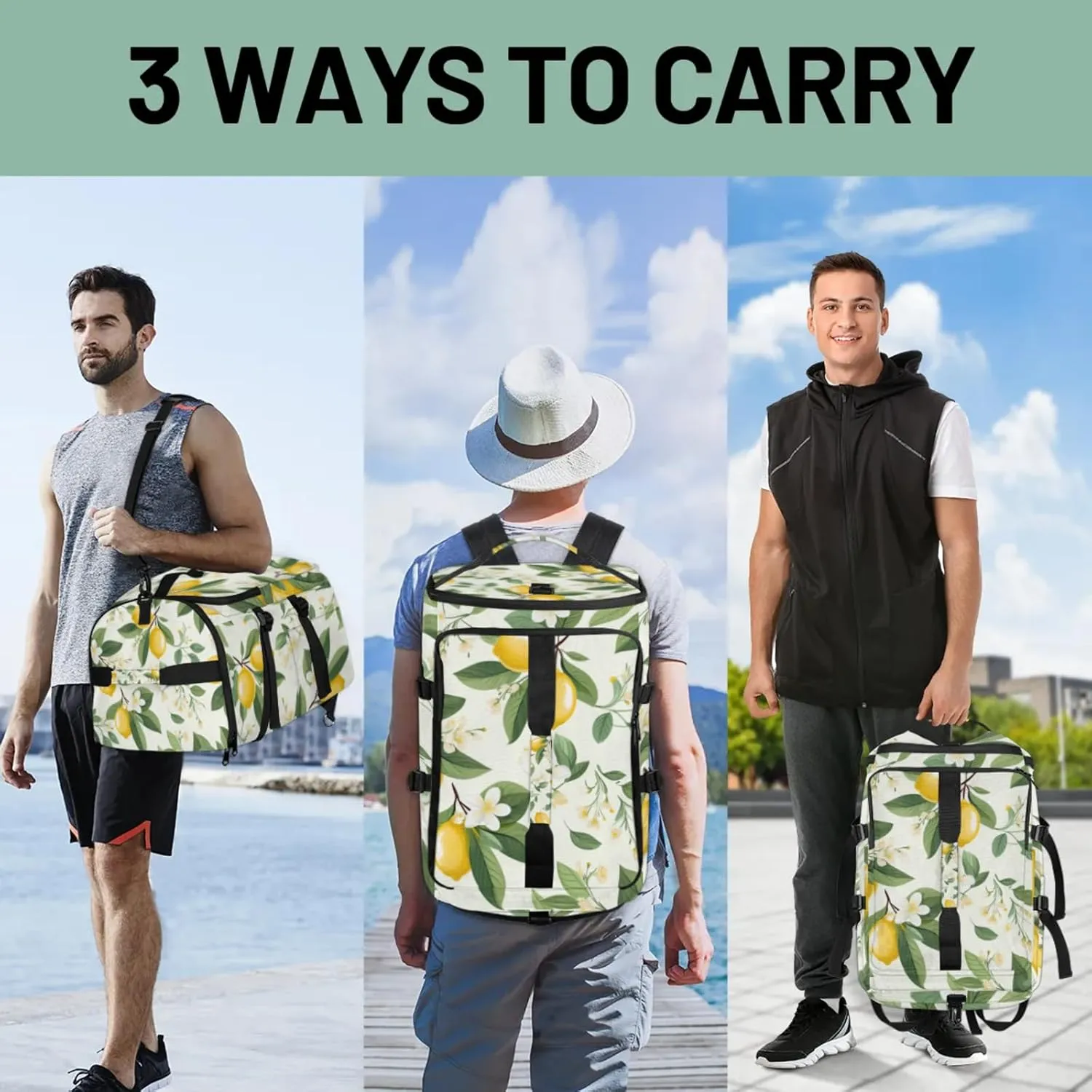 Tactical Sports Duffle Bag for Travel Waterproof Gym Bag with Shoe Compartment 48L Carry On Luggage for Men & Women 3-in-1 Durable Travel Luggage Flowering Lemon
