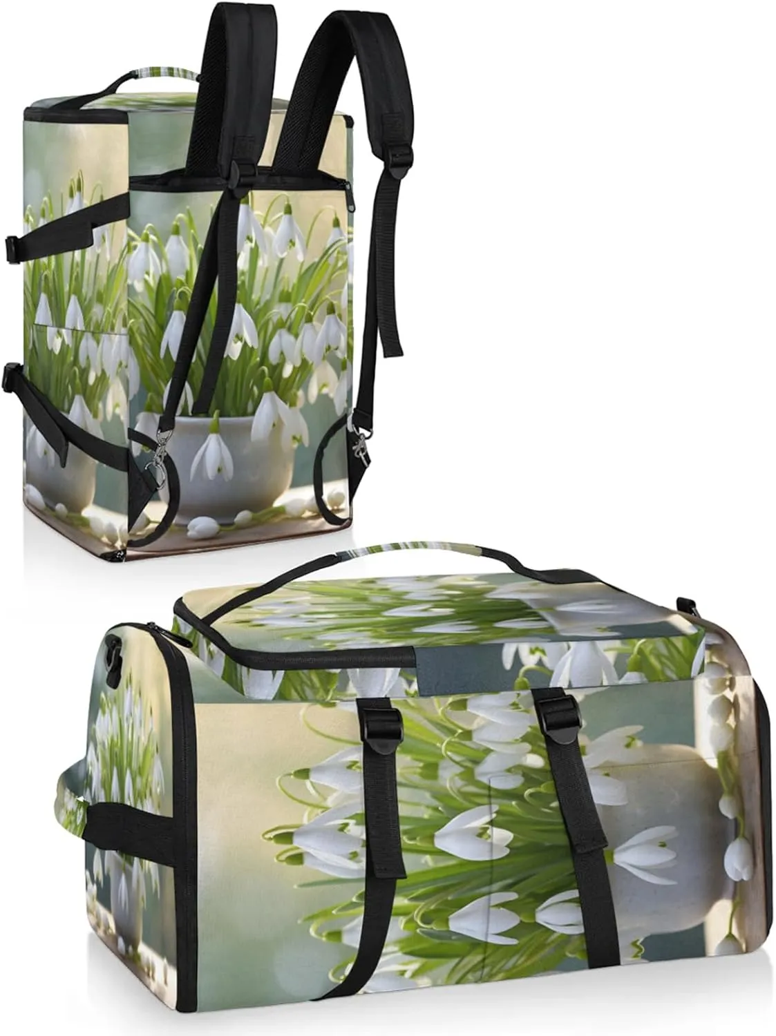 Tactical Sports Duffle Bag for Travel Waterproof Gym Bag with Shoe Compartment 48L Carry On Luggage for Men & Women 3-in-1 Durable Travel Luggage Jar White Flower