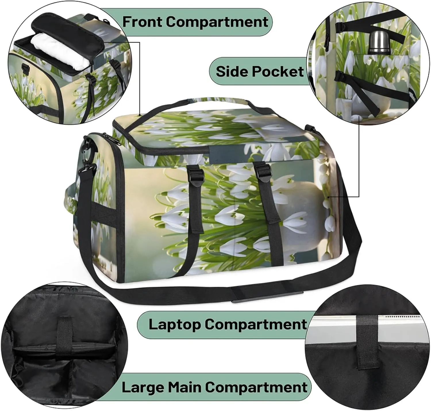 Tactical Sports Duffle Bag for Travel Waterproof Gym Bag with Shoe Compartment 48L Carry On Luggage for Men & Women 3-in-1 Durable Travel Luggage Jar White Flower