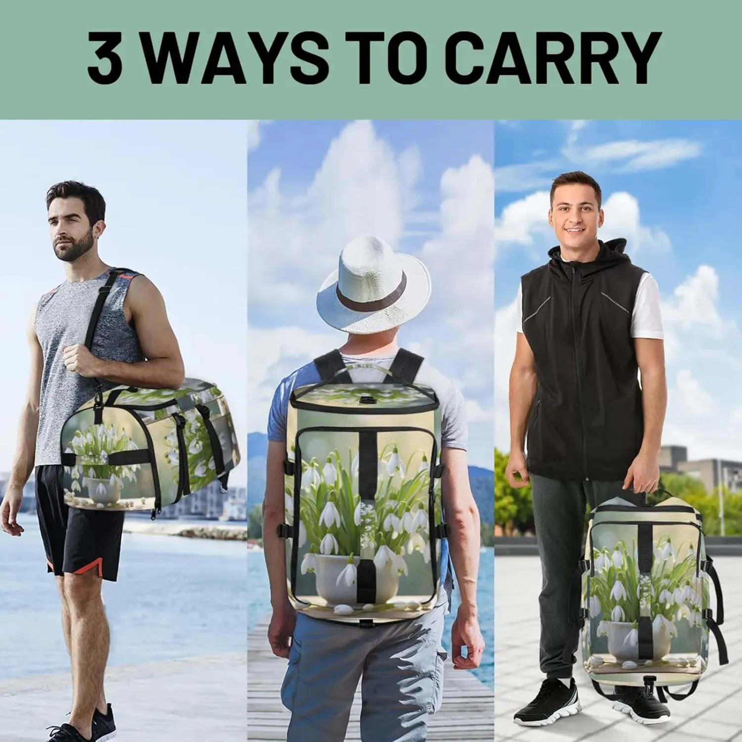 Tactical Sports Duffle Bag for Travel Waterproof Gym Bag with Shoe Compartment 48L Carry On Luggage for Men & Women 3-in-1 Durable Travel Luggage Jar White Flower
