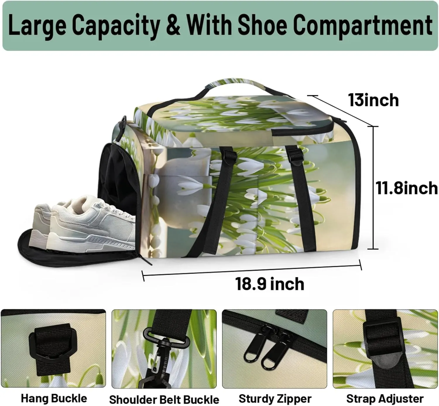 Tactical Sports Duffle Bag for Travel Waterproof Gym Bag with Shoe Compartment 48L Carry On Luggage for Men & Women 3-in-1 Durable Travel Luggage Jar White Flower