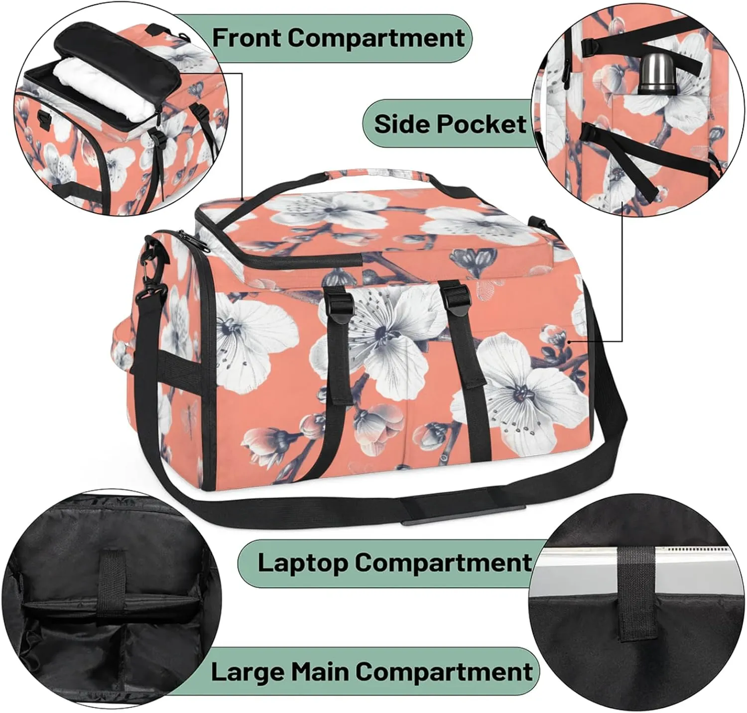 Tactical Sports Duffle Bag for Travel Waterproof Gym Bag with Shoe Compartment 48L Carry On Luggage for Men & Women 3-in-1 Durable Travel Luggage Peach Blossom