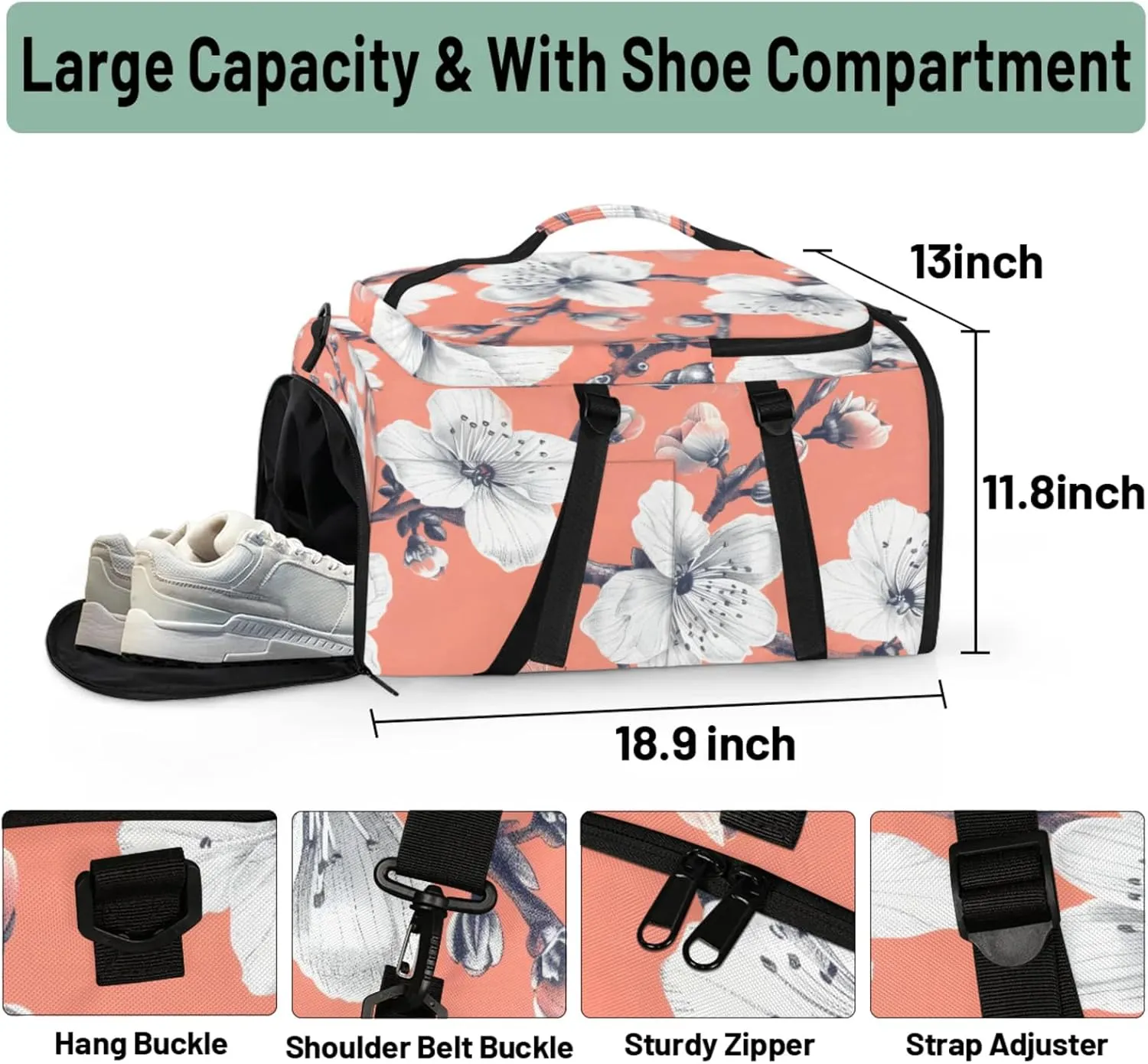 Tactical Sports Duffle Bag for Travel Waterproof Gym Bag with Shoe Compartment 48L Carry On Luggage for Men & Women 3-in-1 Durable Travel Luggage Peach Blossom