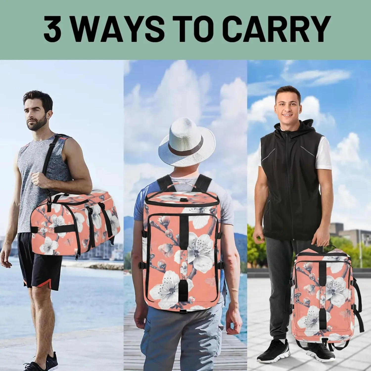 Tactical Sports Duffle Bag for Travel Waterproof Gym Bag with Shoe Compartment 48L Carry On Luggage for Men & Women 3-in-1 Durable Travel Luggage Peach Blossom