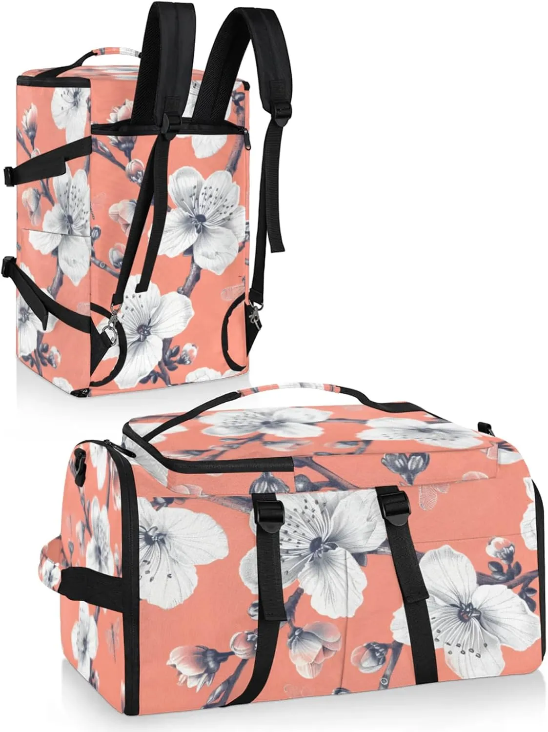Tactical Sports Duffle Bag for Travel Waterproof Gym Bag with Shoe Compartment 48L Carry On Luggage for Men & Women 3-in-1 Durable Travel Luggage Peach Blossom