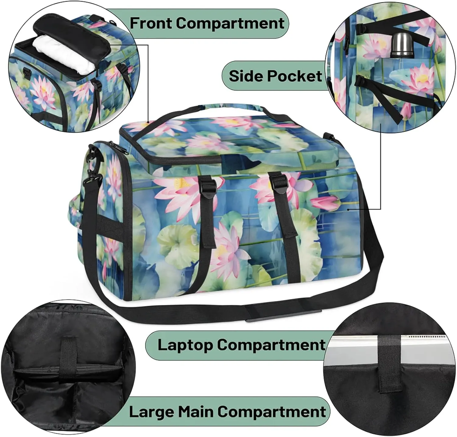 Tactical Sports Duffle Bag for Travel Waterproof Gym Bag with Shoe Compartment 48L Carry On Luggage for Men & Women 3-in-1 Durable Travel Luggage Pond Flower Plants