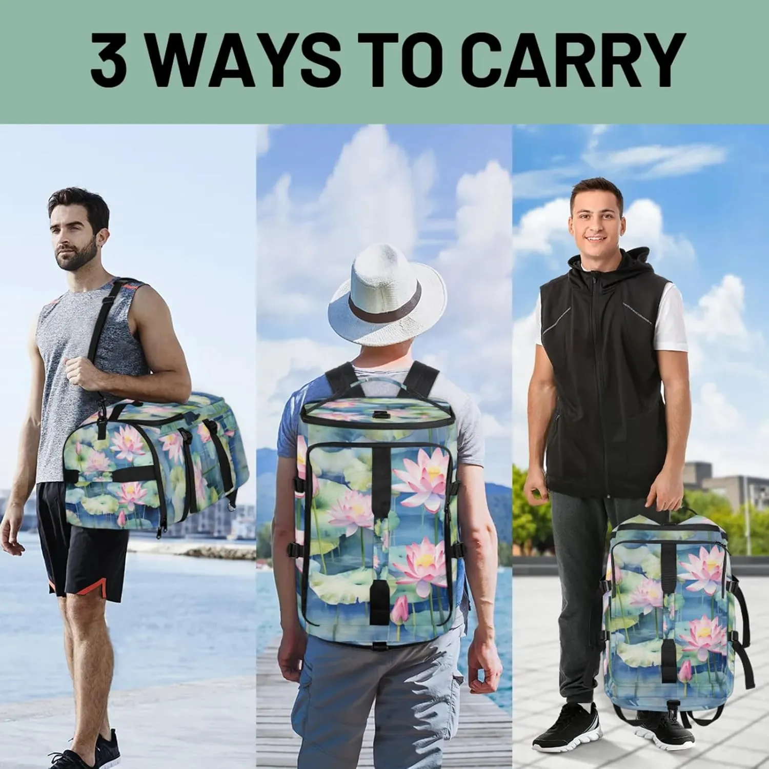 Tactical Sports Duffle Bag for Travel Waterproof Gym Bag with Shoe Compartment 48L Carry On Luggage for Men & Women 3-in-1 Durable Travel Luggage Pond Flower Plants