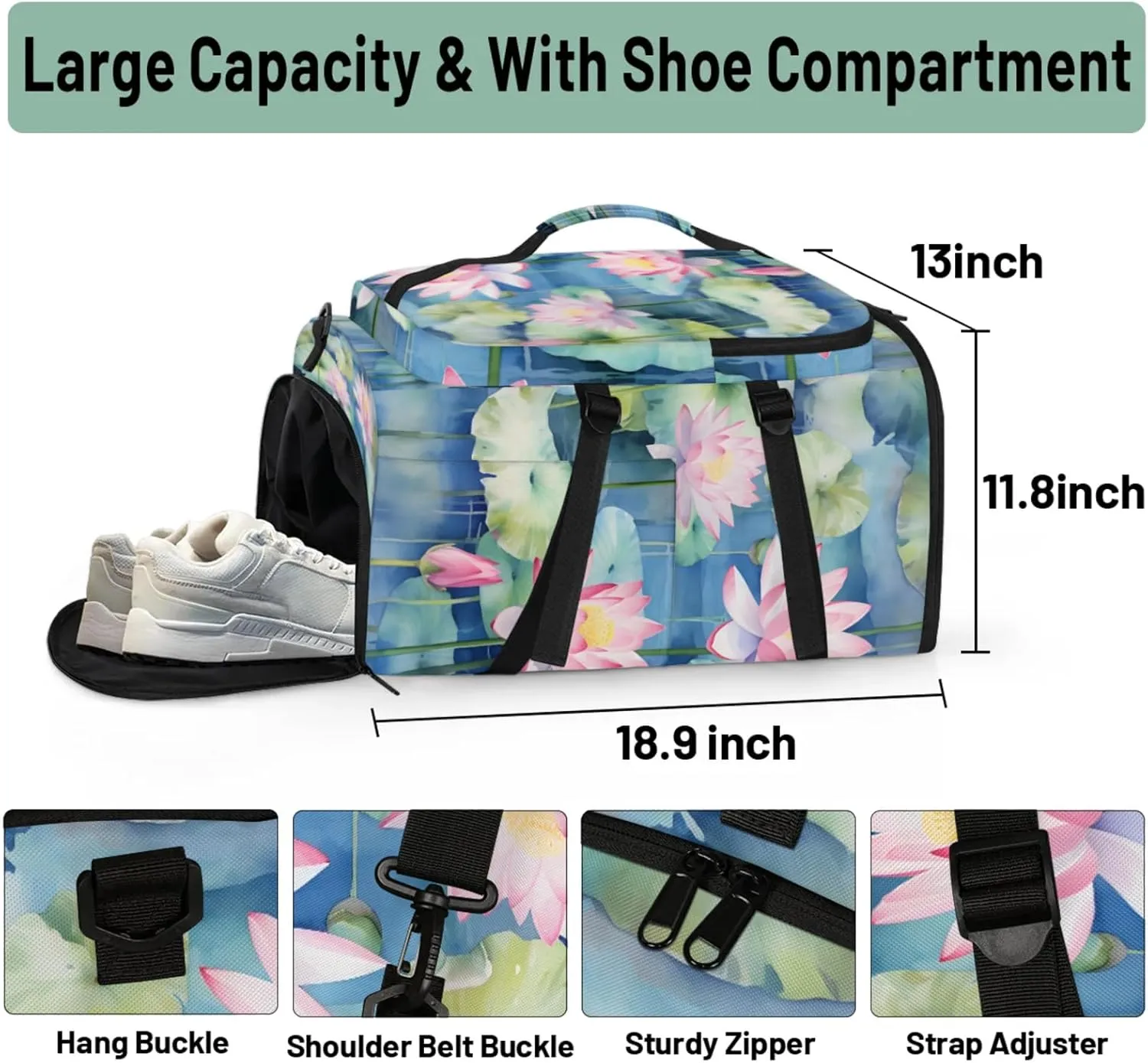 Tactical Sports Duffle Bag for Travel Waterproof Gym Bag with Shoe Compartment 48L Carry On Luggage for Men & Women 3-in-1 Durable Travel Luggage Pond Flower Plants