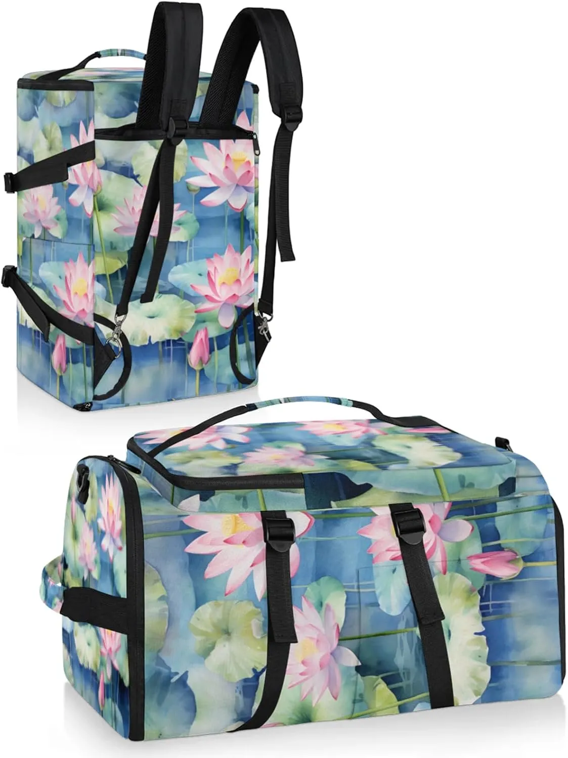 Tactical Sports Duffle Bag for Travel Waterproof Gym Bag with Shoe Compartment 48L Carry On Luggage for Men & Women 3-in-1 Durable Travel Luggage Pond Flower Plants