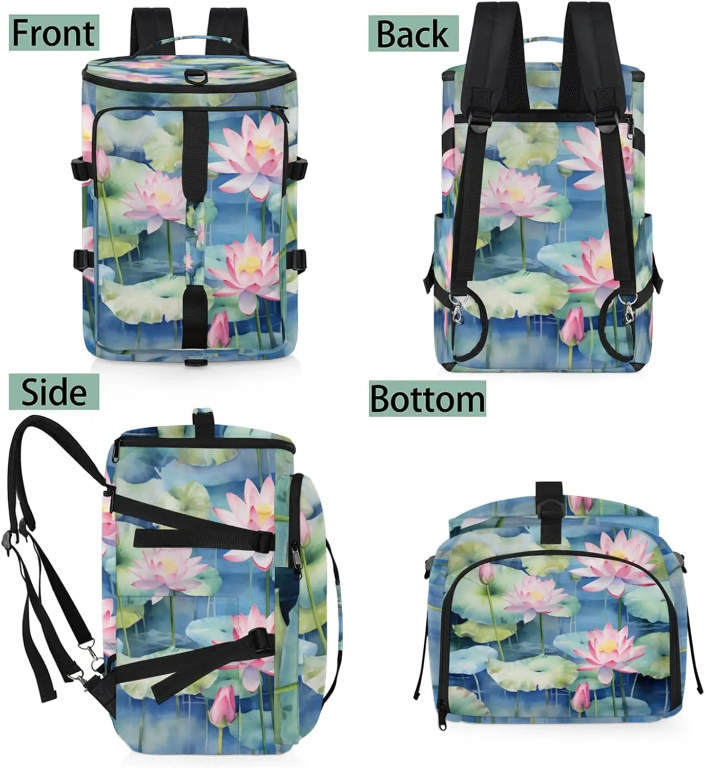 Tactical Sports Duffle Bag for Travel Waterproof Gym Bag with Shoe Compartment 48L Carry On Luggage for Men & Women 3-in-1 Durable Travel Luggage Pond Flower Plants