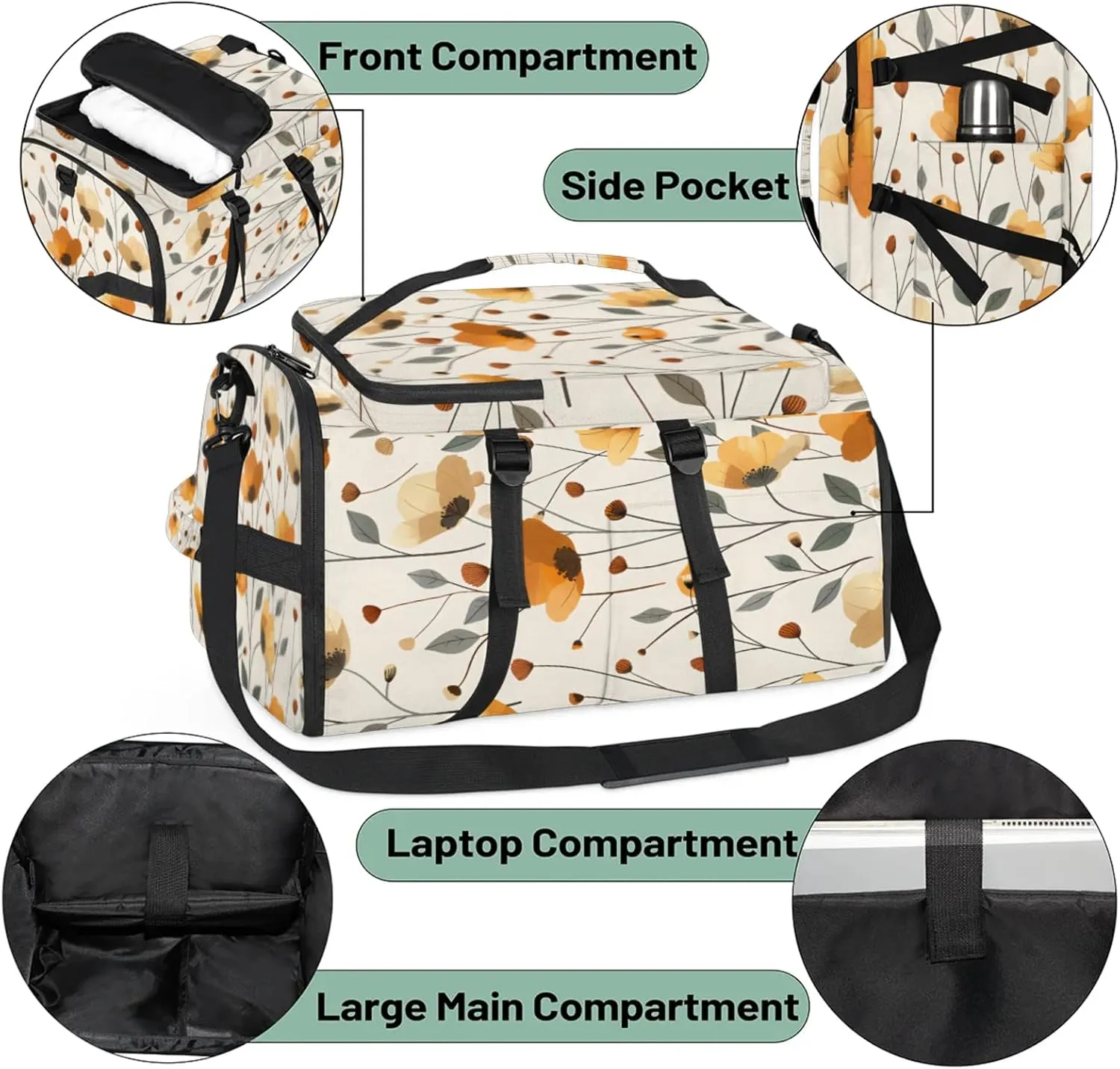 Tactical Sports Duffle Bag for Travel Waterproof Gym Bag with Shoe Compartment 48L Carry On Luggage for Men & Women 3-in-1 Durable Travel Luggage Poppy Floral