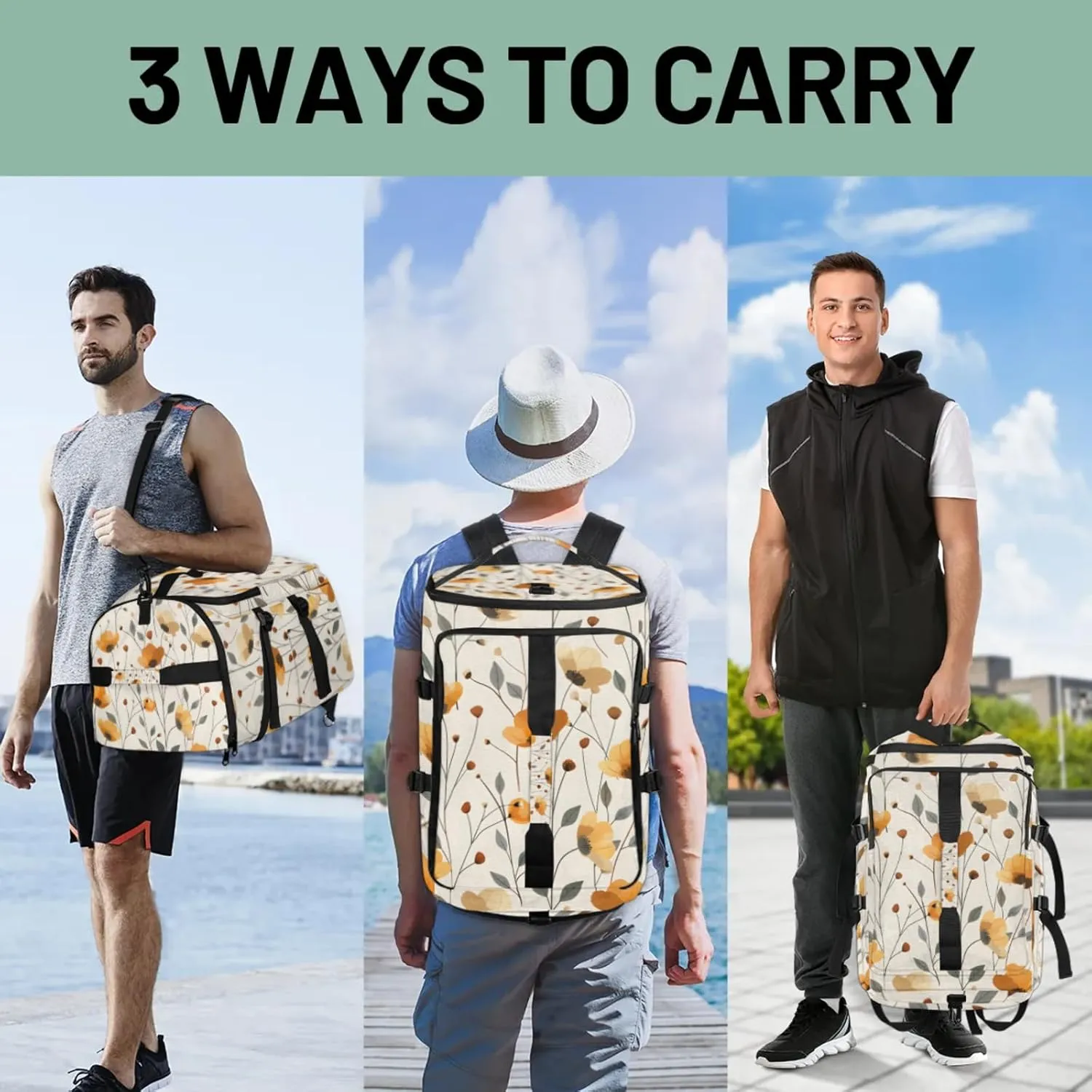 Tactical Sports Duffle Bag for Travel Waterproof Gym Bag with Shoe Compartment 48L Carry On Luggage for Men & Women 3-in-1 Durable Travel Luggage Poppy Floral