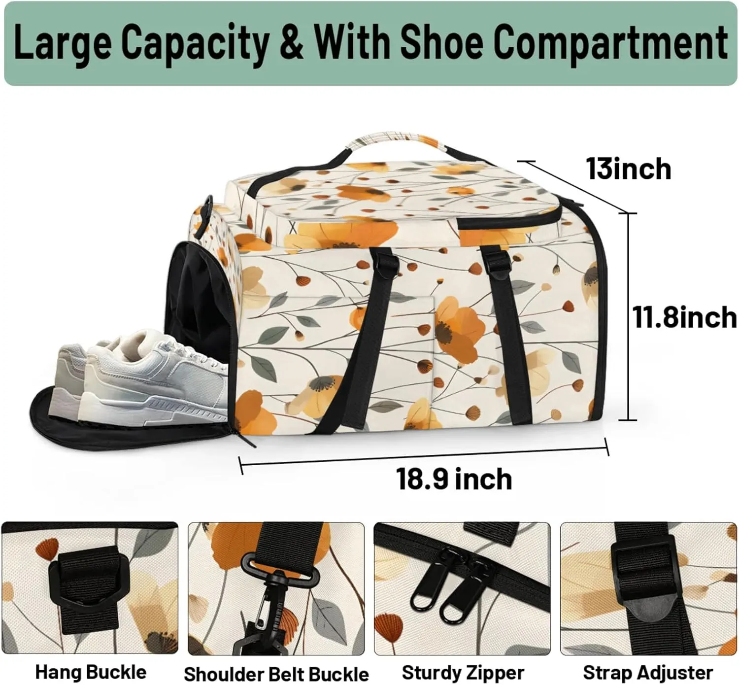 Tactical Sports Duffle Bag for Travel Waterproof Gym Bag with Shoe Compartment 48L Carry On Luggage for Men & Women 3-in-1 Durable Travel Luggage Poppy Floral