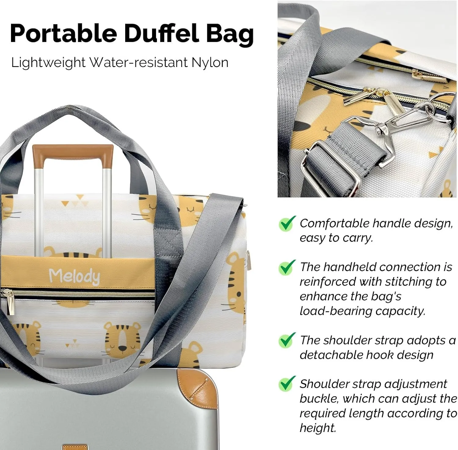 Tiger Cute Personalized Duffel Bag,Custom Travel Gym Bag with Name,Waterproof Sports Overnight Bag with Shoe Compartment & Shoulder Strap
