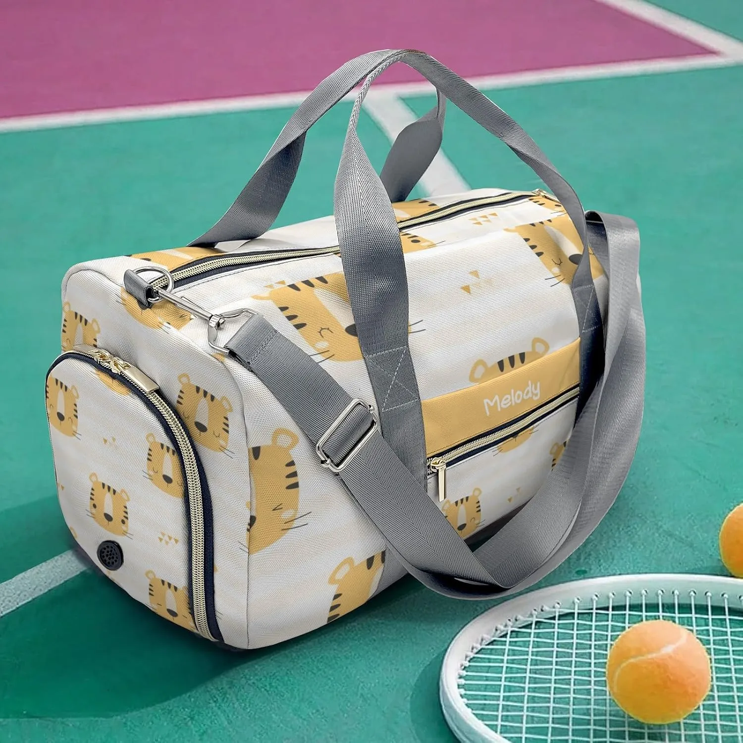 Tiger Cute Personalized Duffel Bag,Custom Travel Gym Bag with Name,Waterproof Sports Overnight Bag with Shoe Compartment & Shoulder Strap