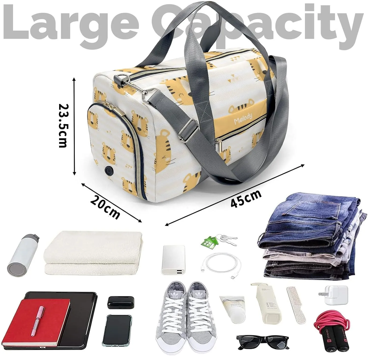 Tiger Cute Personalized Duffel Bag,Custom Travel Gym Bag with Name,Waterproof Sports Overnight Bag with Shoe Compartment & Shoulder Strap