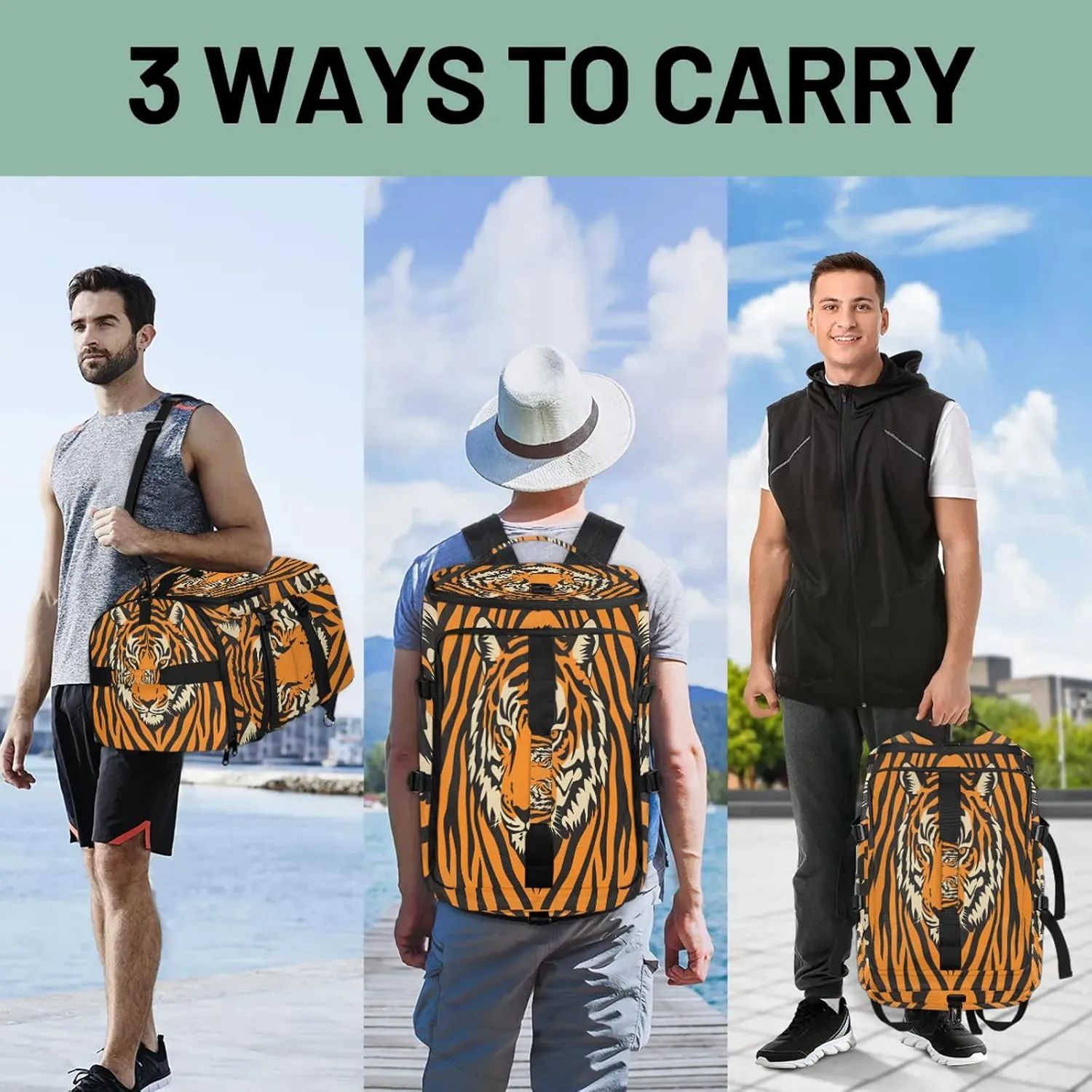 Tiger Gym Bags for Men Women Wild Animal Tigers Sports Backpack with Shoe Compartment 3-in-1 Tactical Duffle Bag for Overnight Weekender Travel