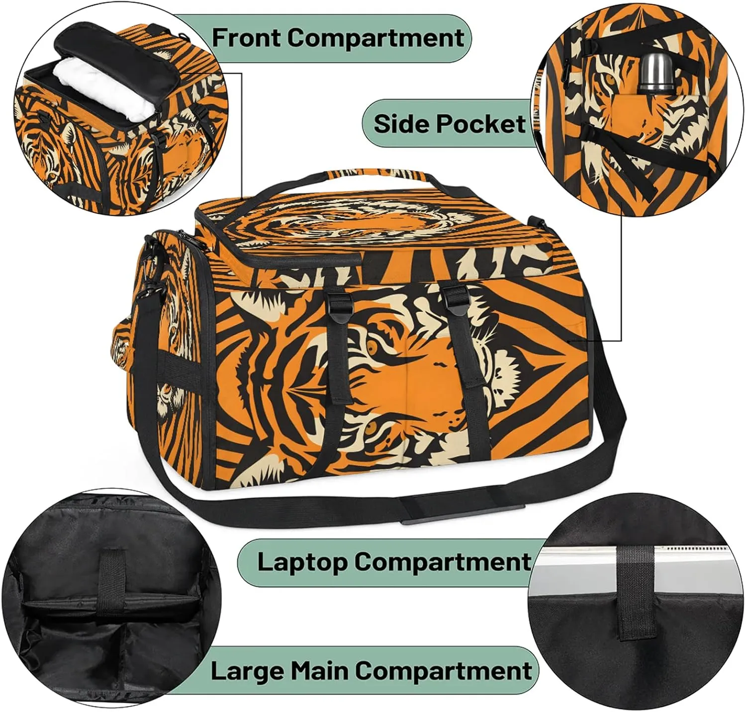 Tiger Gym Bags for Men Women Wild Animal Tigers Sports Backpack with Shoe Compartment 3-in-1 Tactical Duffle Bag for Overnight Weekender Travel