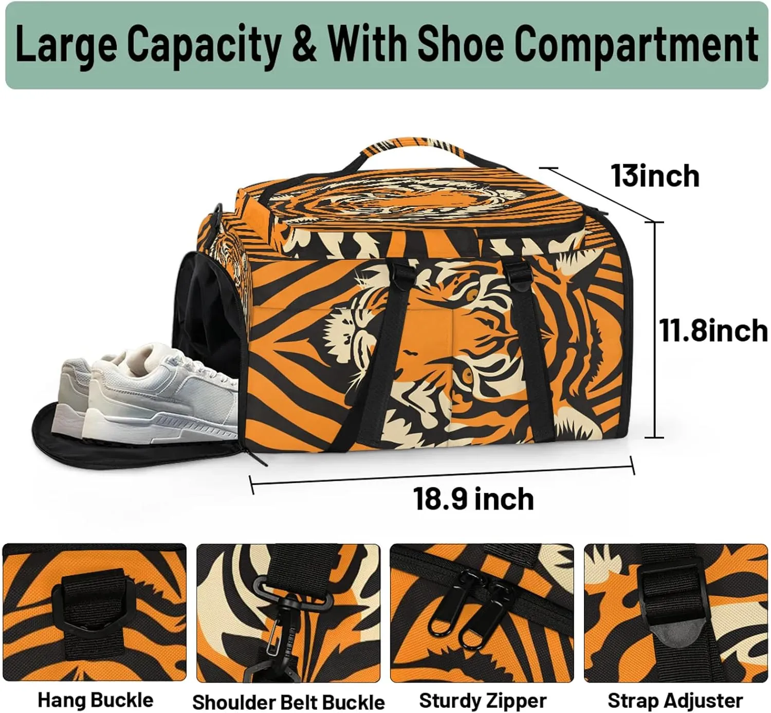 Tiger Gym Bags for Men Women Wild Animal Tigers Sports Backpack with Shoe Compartment 3-in-1 Tactical Duffle Bag for Overnight Weekender Travel