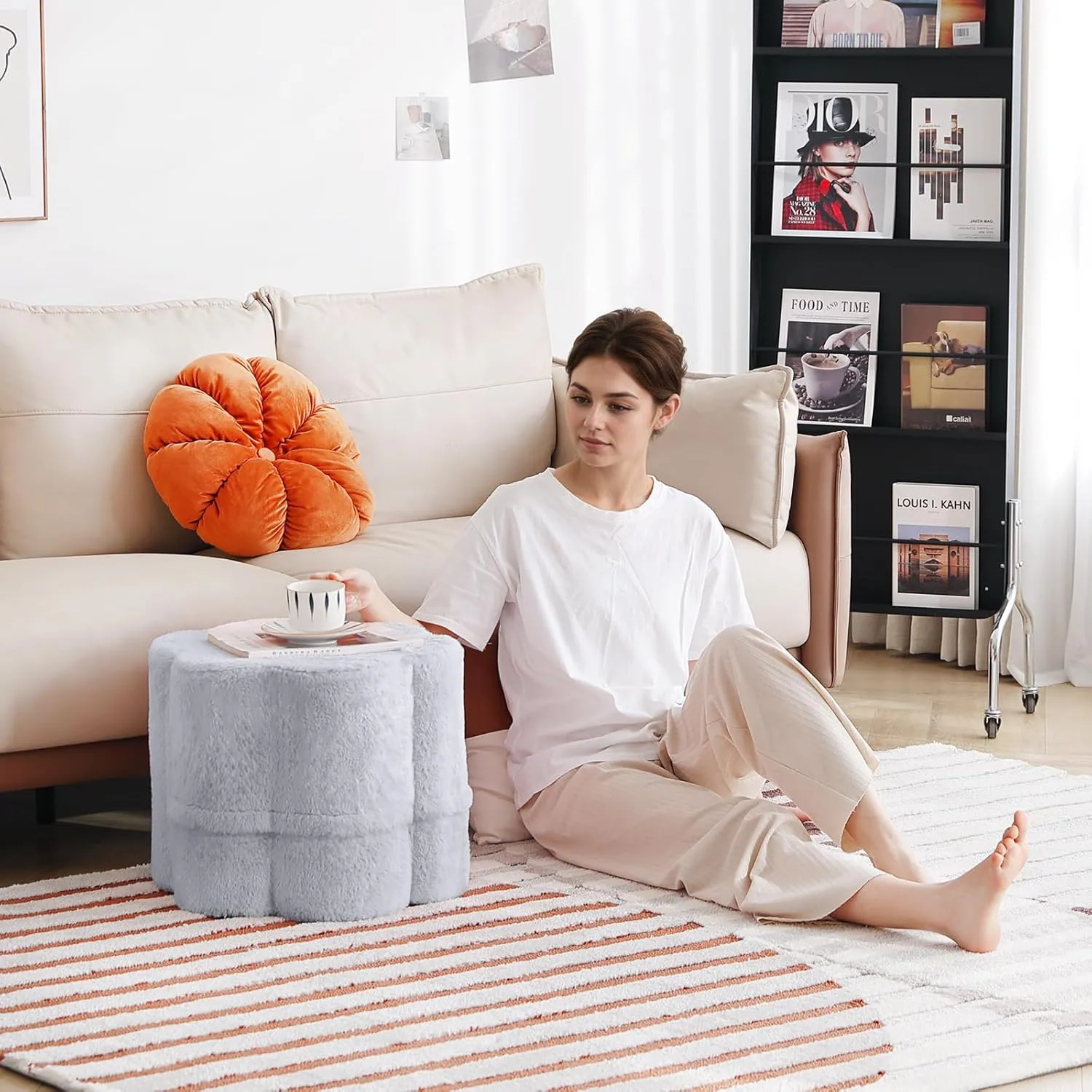 Tiita Floral Pouf Ottoman, Foot Stools Ottoman with Foam Chunk Filling, Puff Foot Rest for Couch, Living Room, Kids Room, Grey