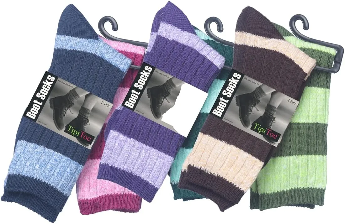 Tipi Toe 6-Pack Winter Boot Socks For Women - Available in Cotton Or Wool Blend - Crew Warm Socks Size 9-11