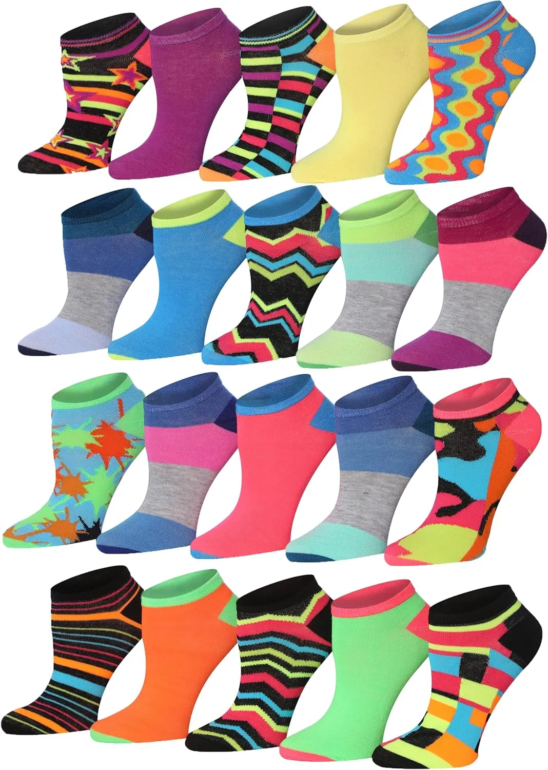 Tipi Toe Women's 20 Pairs Colorful Patterned Low Cut/No Show Socks