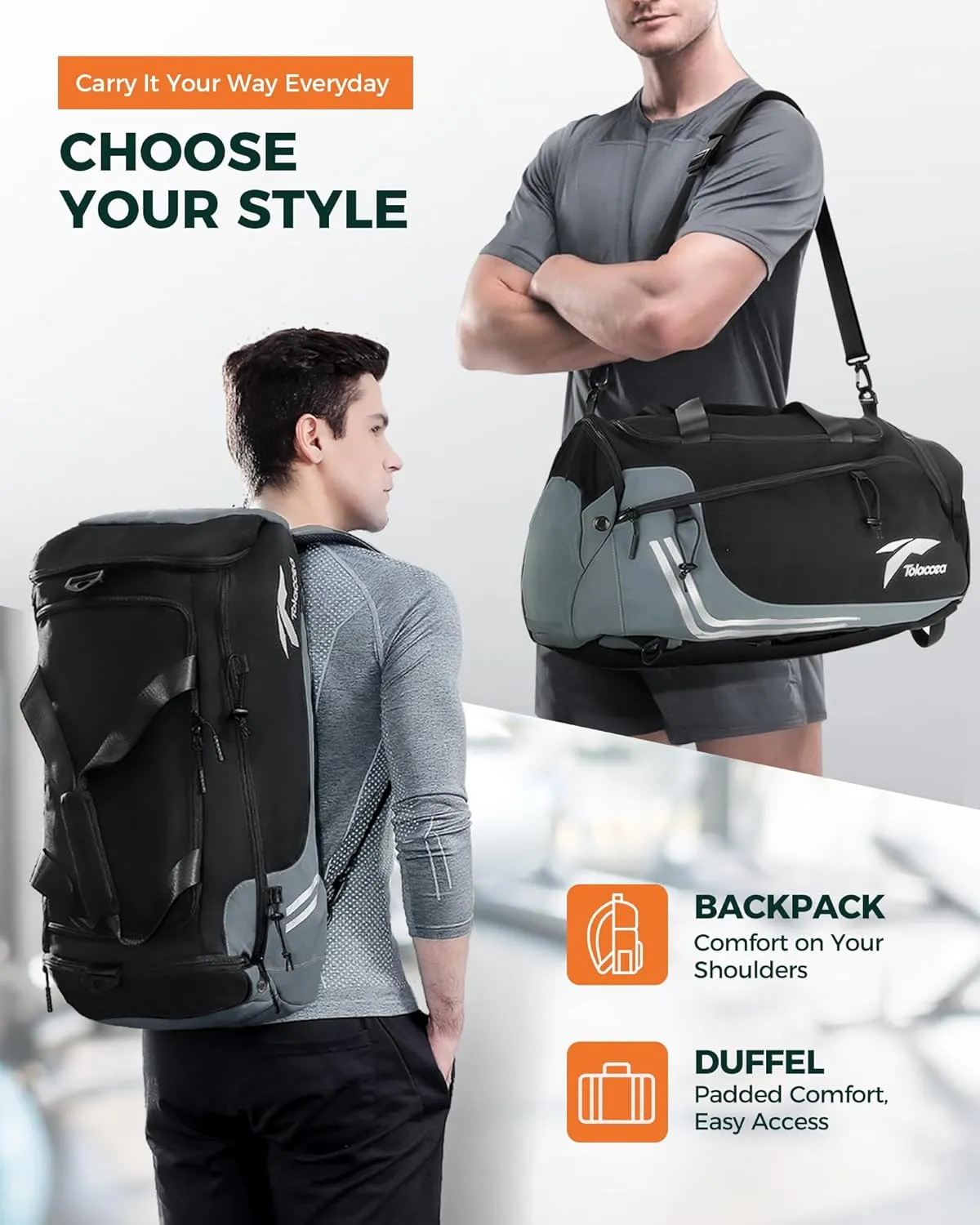 Tolaccea Gym Bags for Men Women, 45L Large Travel Duffel Bags with Shoe Compartment & Wet Pocket, Weekender Overnight Carry On Backpack Duffle Bag for Traveling Sports Workout (Grey)