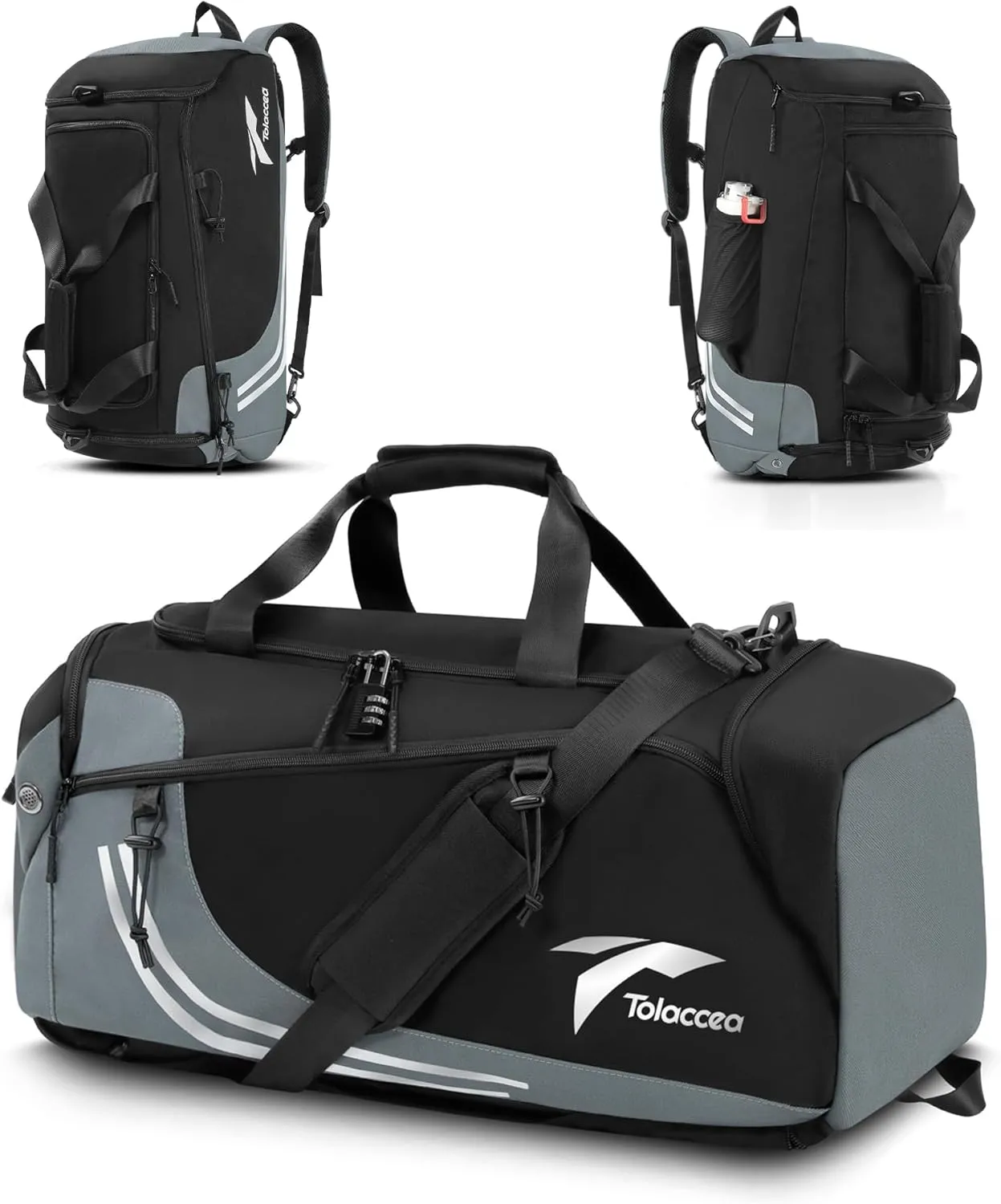 Tolaccea Gym Bags for Men Women, 45L Large Travel Duffel Bags with Shoe Compartment & Wet Pocket, Weekender Overnight Carry On Backpack Duffle Bag for Traveling Sports Workout (Grey)