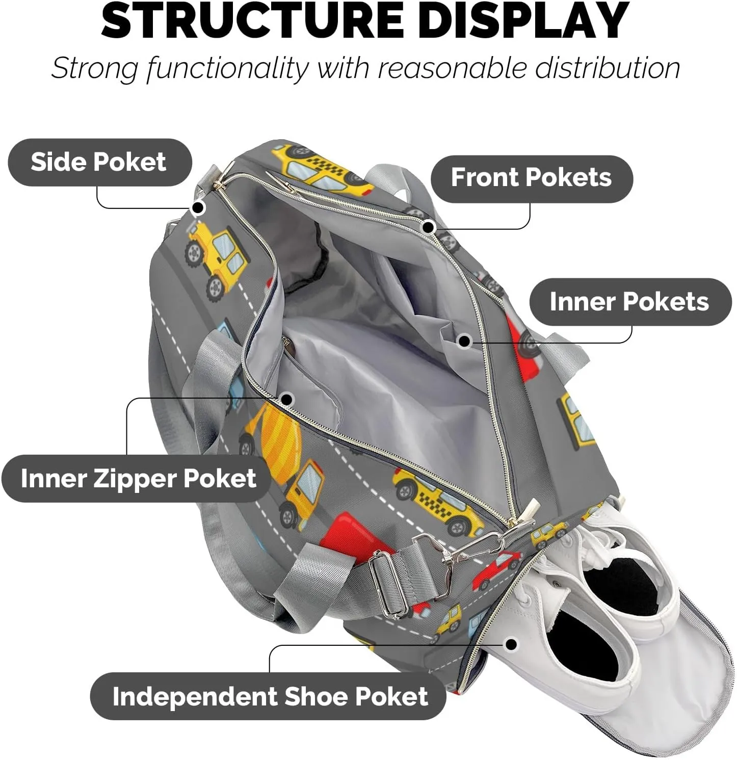 Transport Car Grey Personalized Duffel Bag,Custom Travel Gym Bag with Name,Waterproof Sports Overnight Bag with Shoe Compartment & Shoulder Strap
