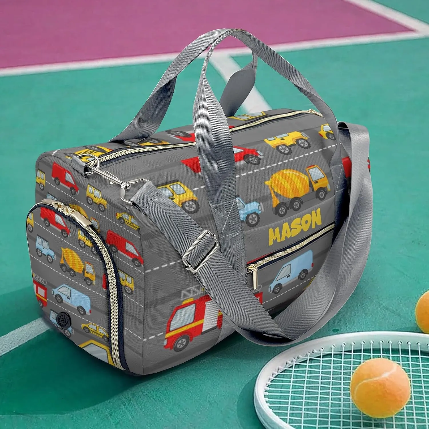 Transport Car Grey Personalized Duffel Bag,Custom Travel Gym Bag with Name,Waterproof Sports Overnight Bag with Shoe Compartment & Shoulder Strap