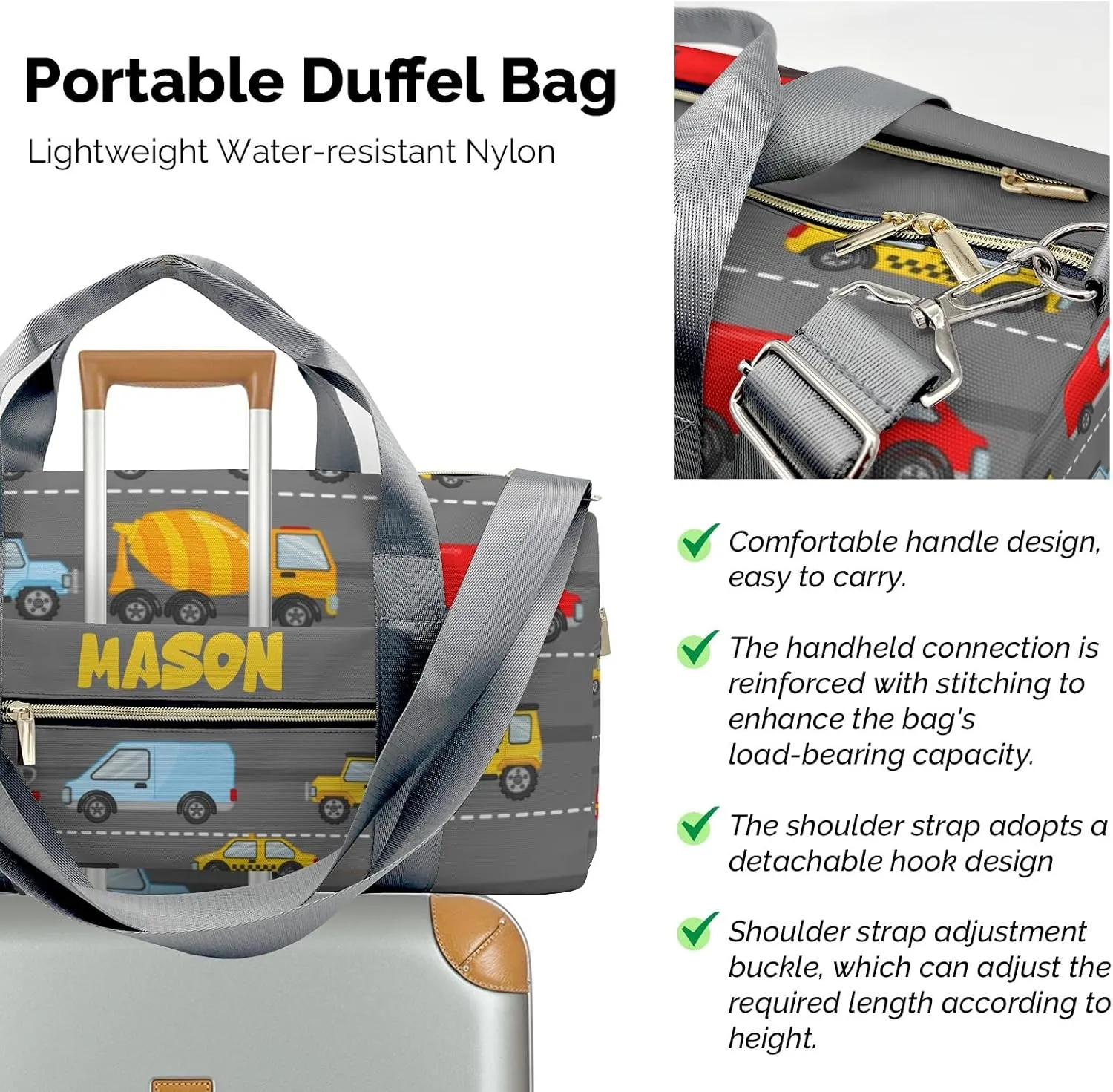 Transport Car Grey Personalized Duffel Bag,Custom Travel Gym Bag with Name,Waterproof Sports Overnight Bag with Shoe Compartment & Shoulder Strap