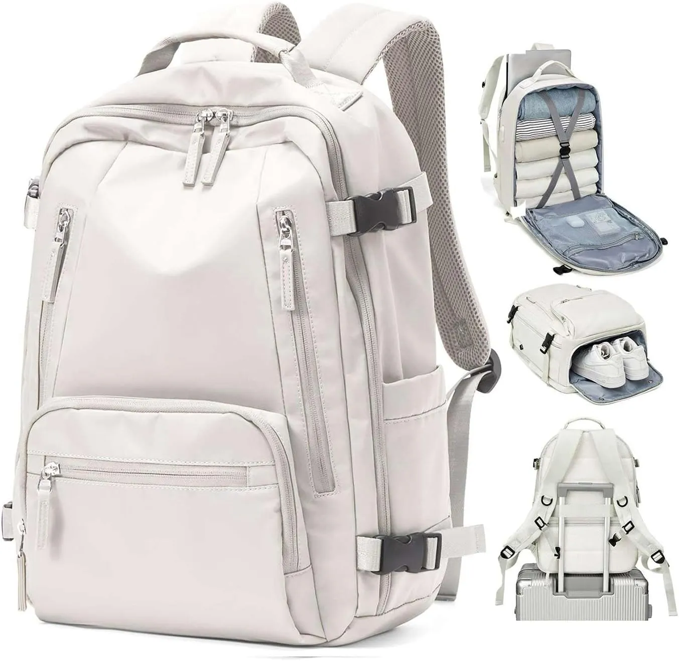 Travel Carry on Laptop Backpack for Women Men, Expandable Flight Approved Backpack, Waterproof Sports College bag Casual Daypack for Weekender Business Hiking with Shoe Compartment Beige