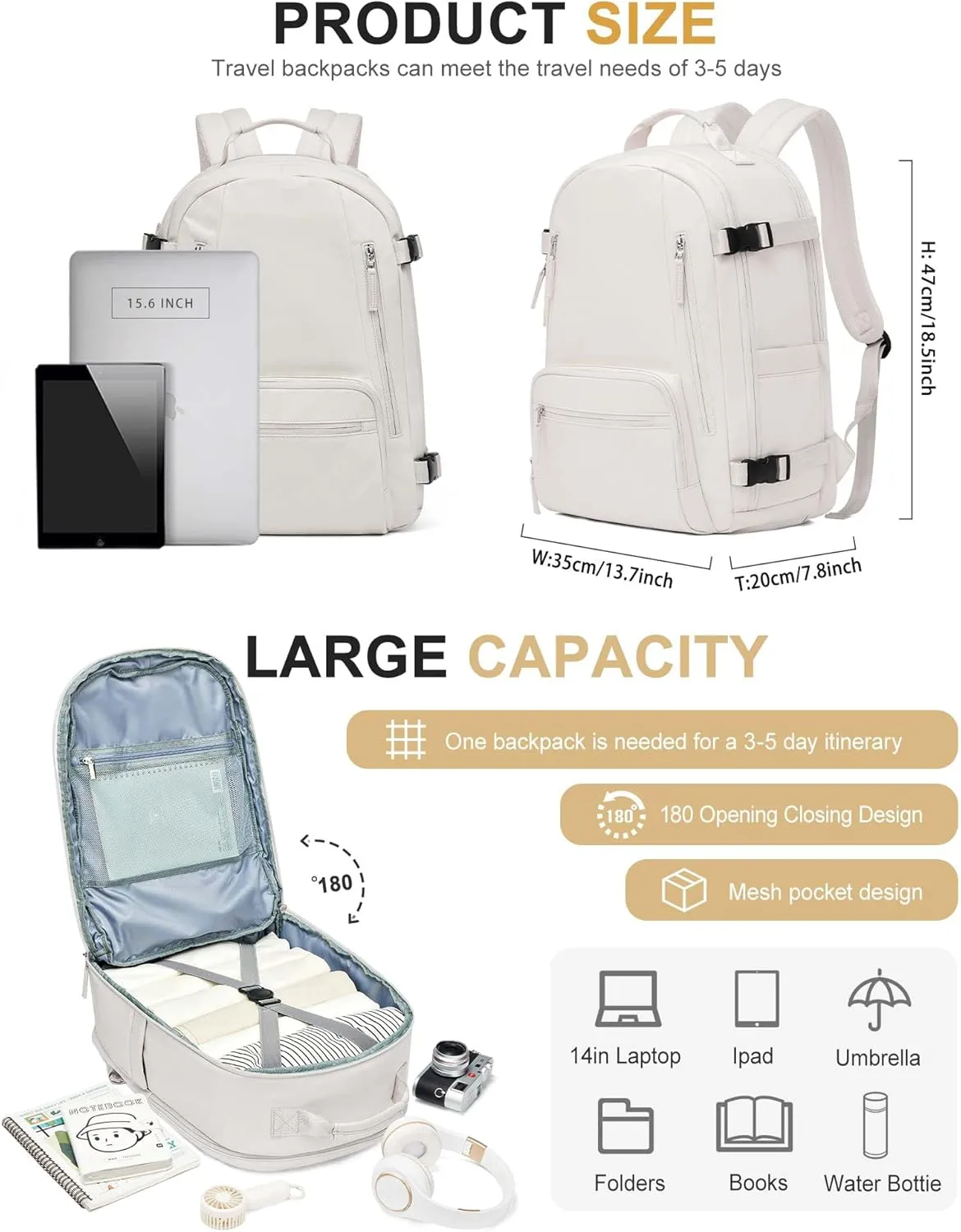 Travel Carry on Laptop Backpack for Women Men, Expandable Flight Approved Backpack, Waterproof Sports College bag Casual Daypack for Weekender Business Hiking with Shoe Compartment Beige