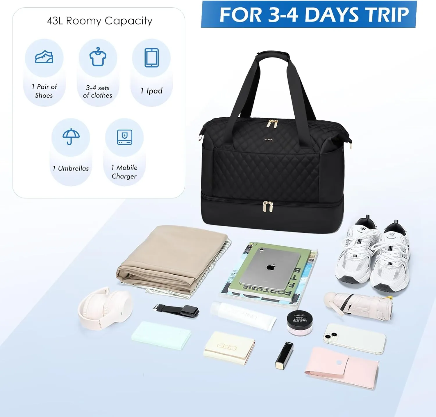 Travel Duffel Bag for Women Weekender Overnight Carry on Tote Duffle Bag Personal Item Bag with Shoe Compartment for Business,Trips,Travel,Sports,Gym,Yoga,Hospital, 3 Pcs Set, 43L,Black