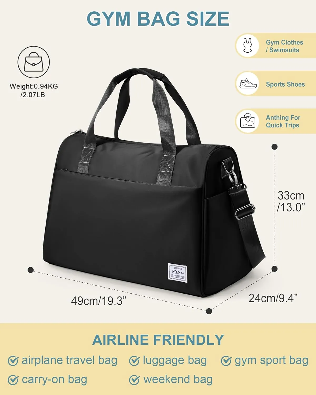 Travel Duffel Bags for Women & Men - Weekender with Shoe & Laptop Compartments - Carry On, Overnight, Gym & Hospital Bag - Black