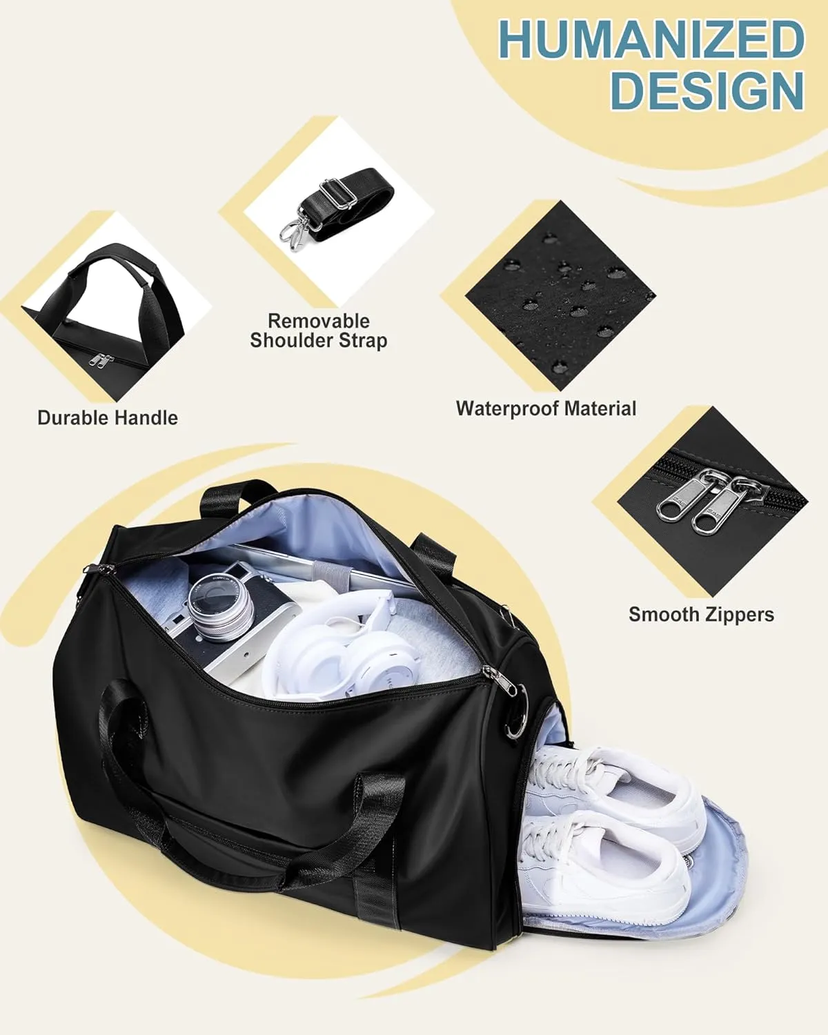 Travel Duffel Bags for Women & Men - Weekender with Shoe & Laptop Compartments - Carry On, Overnight, Gym & Hospital Bag - Black