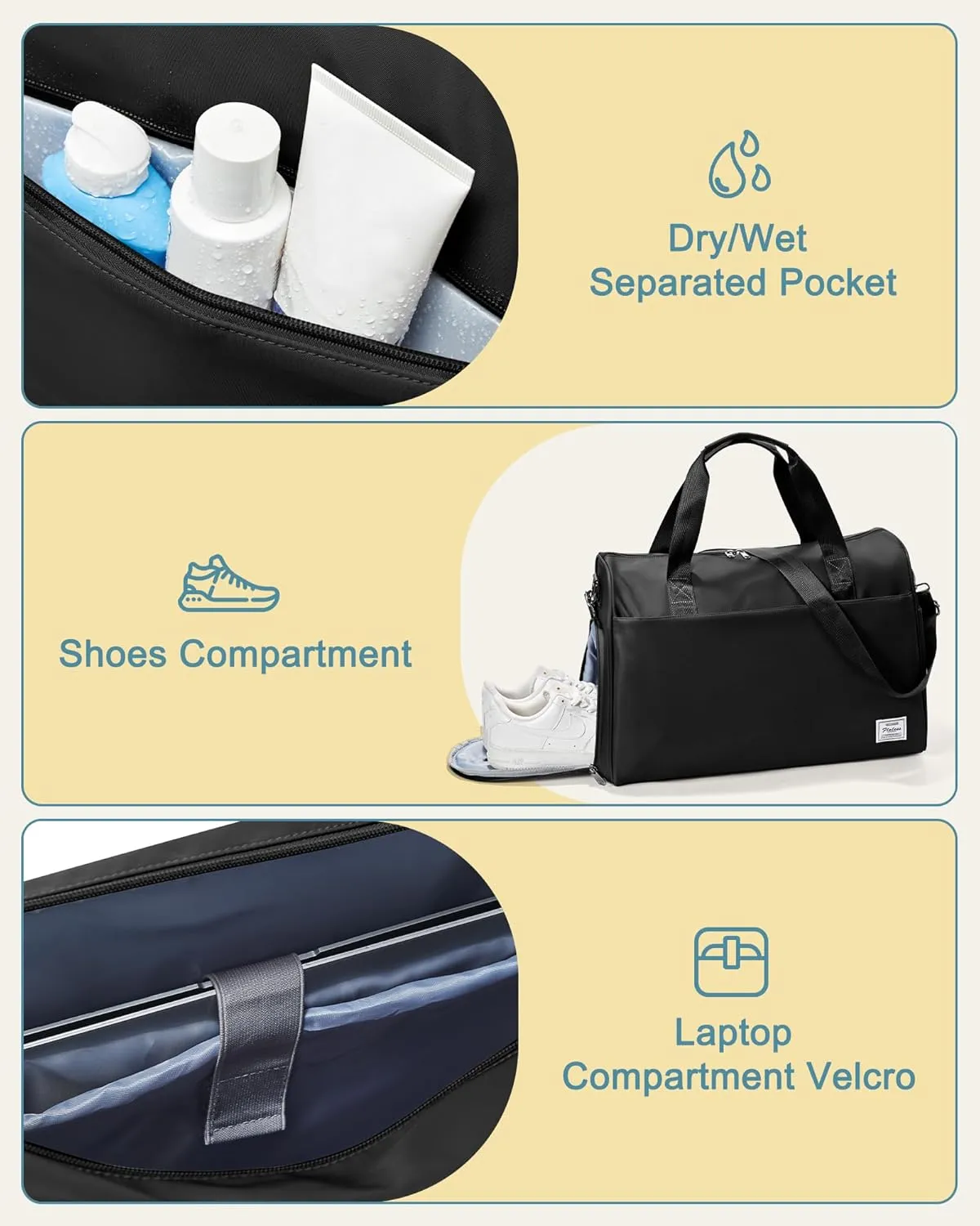 Travel Duffel Bags for Women & Men - Weekender with Shoe & Laptop Compartments - Carry On, Overnight, Gym & Hospital Bag - Black