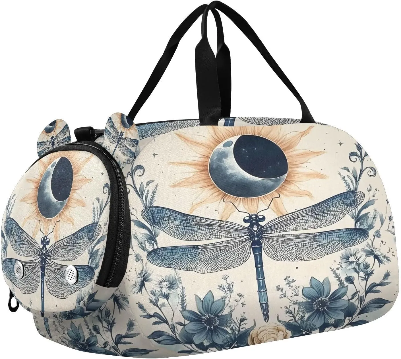Travel Duffle Bag for Kids Boys Girls Dragonfly Flowers Sun Moon Sports Bag Overnighter Duffle Sleepover Weekender with Shoes Compartment