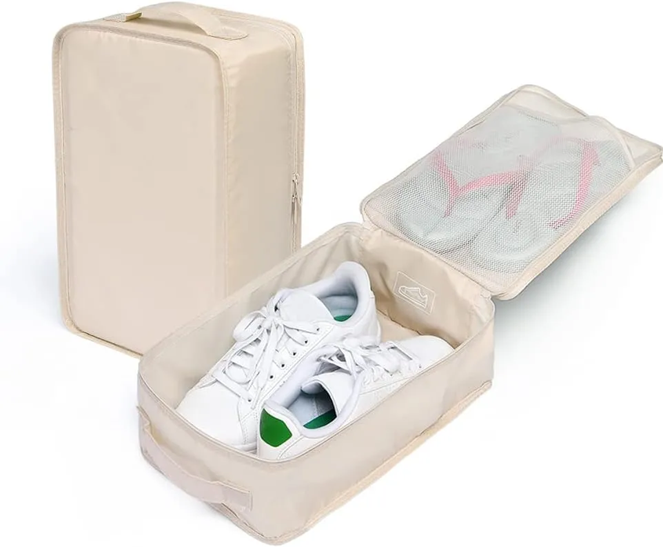 Travel Shoe Bags, Foldable Waterproof Shoe Pouches Organizer-Double Layer (4 Cream Shoe Bag)