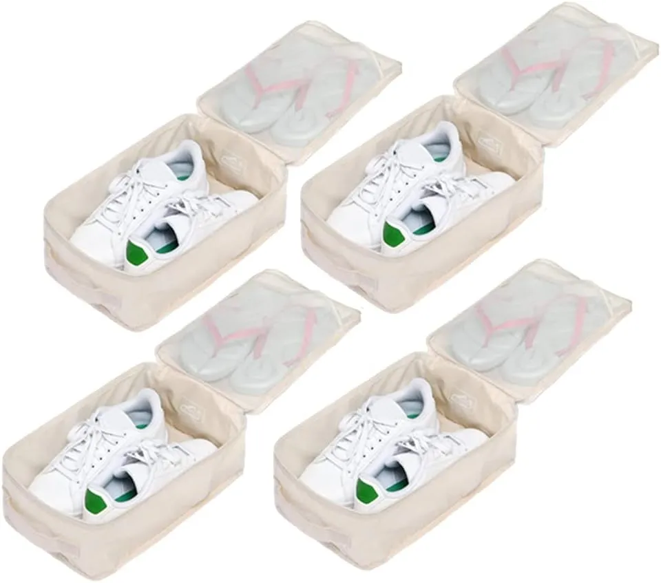 Travel Shoe Bags, Foldable Waterproof Shoe Pouches Organizer-Double Layer (4 Cream Shoe Bag)