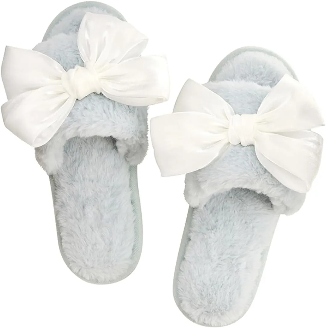 Ultra Soft Plush Luxury Indoor House Slippers Bright White Bow Medium